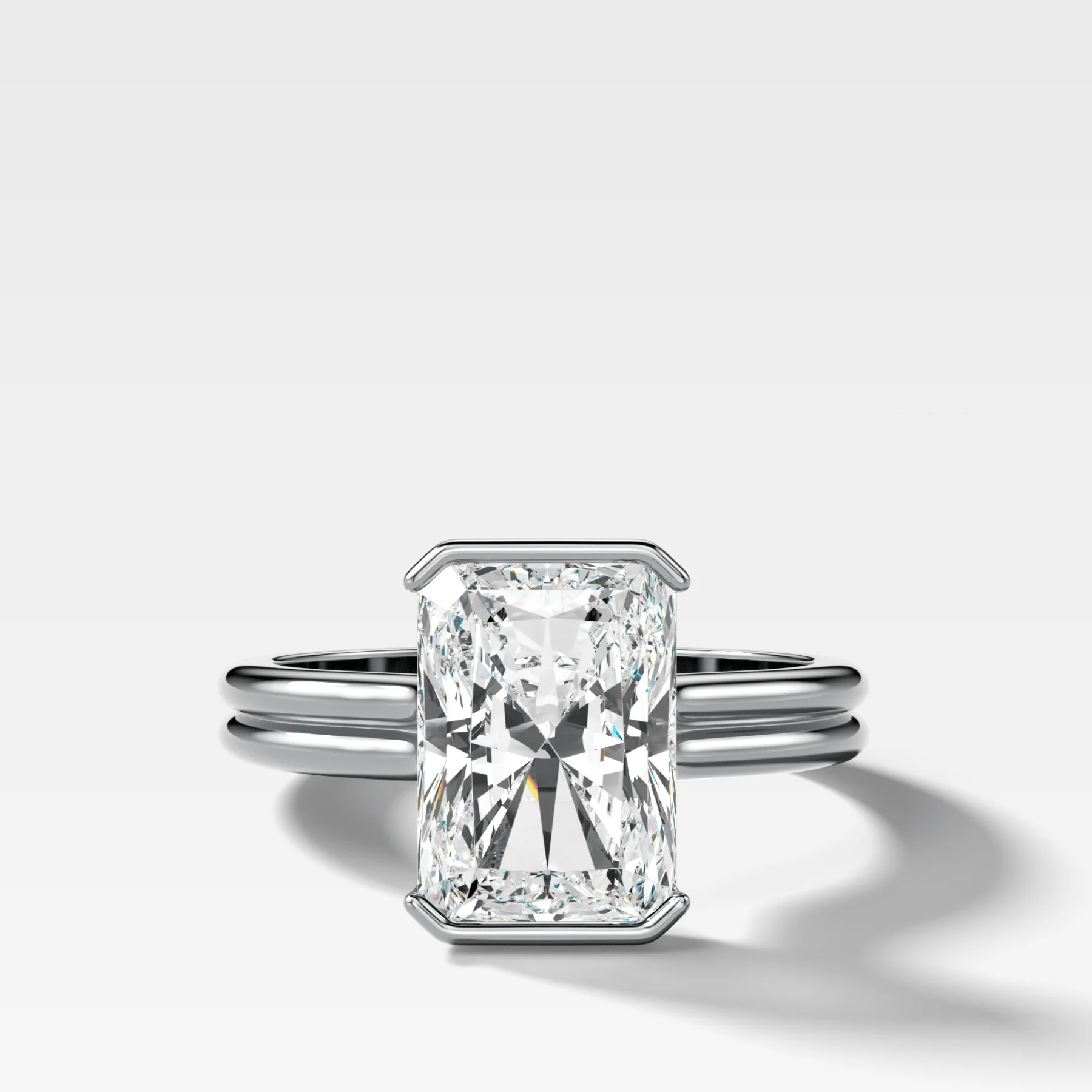 Double Row Half Bezel Solitaire Engagement Ring With Elongated Radiant Cut Diamond - Image 3
