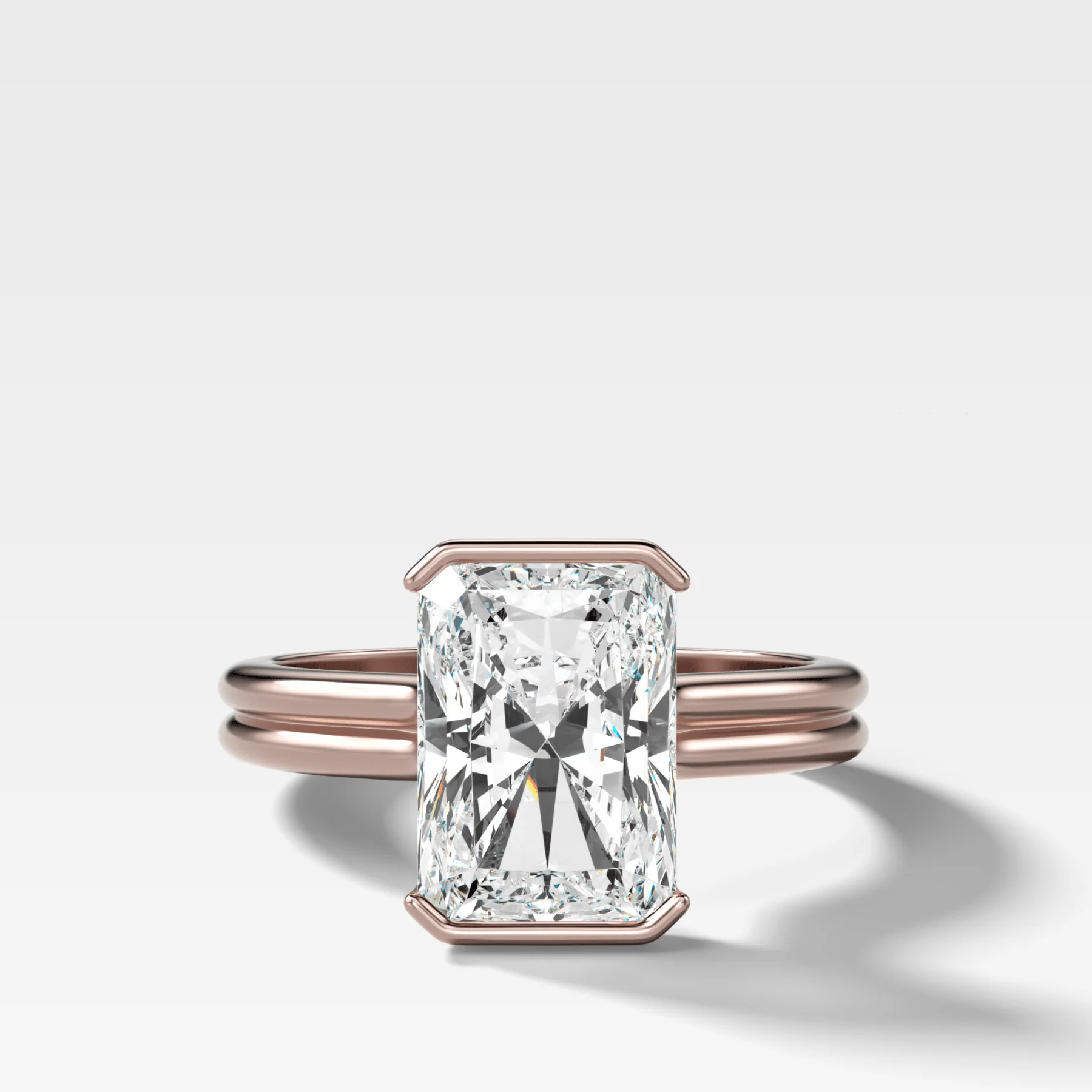 Double Row Half Bezel Solitaire Engagement Ring With Elongated Radiant Cut Diamond - Image 4