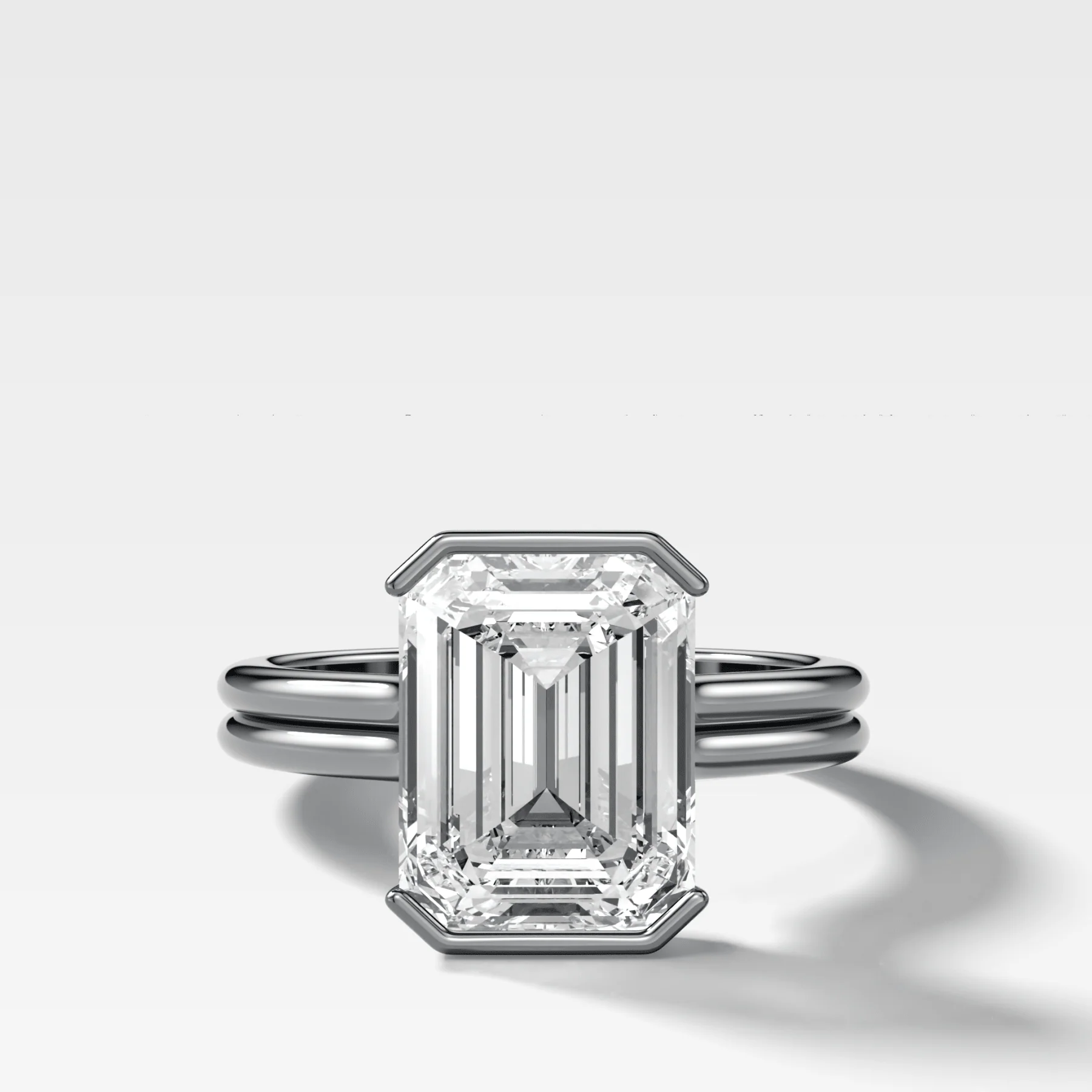 Double Row Half Bezel Solitaire Engagement Ring With Emerald Cut Diamond - Image 4