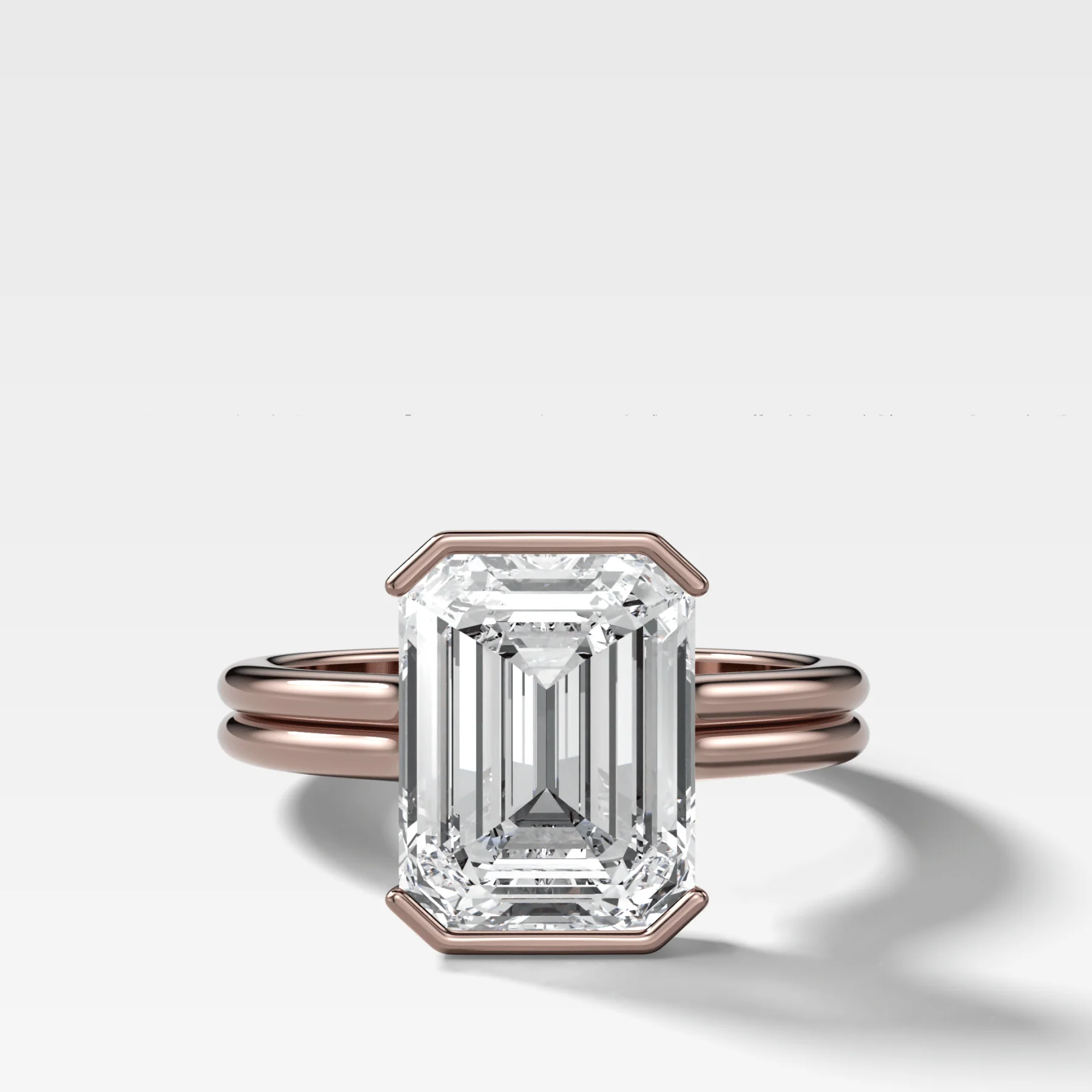 Double Row Half Bezel Solitaire Engagement Ring With Emerald Cut Diamond - Image 5