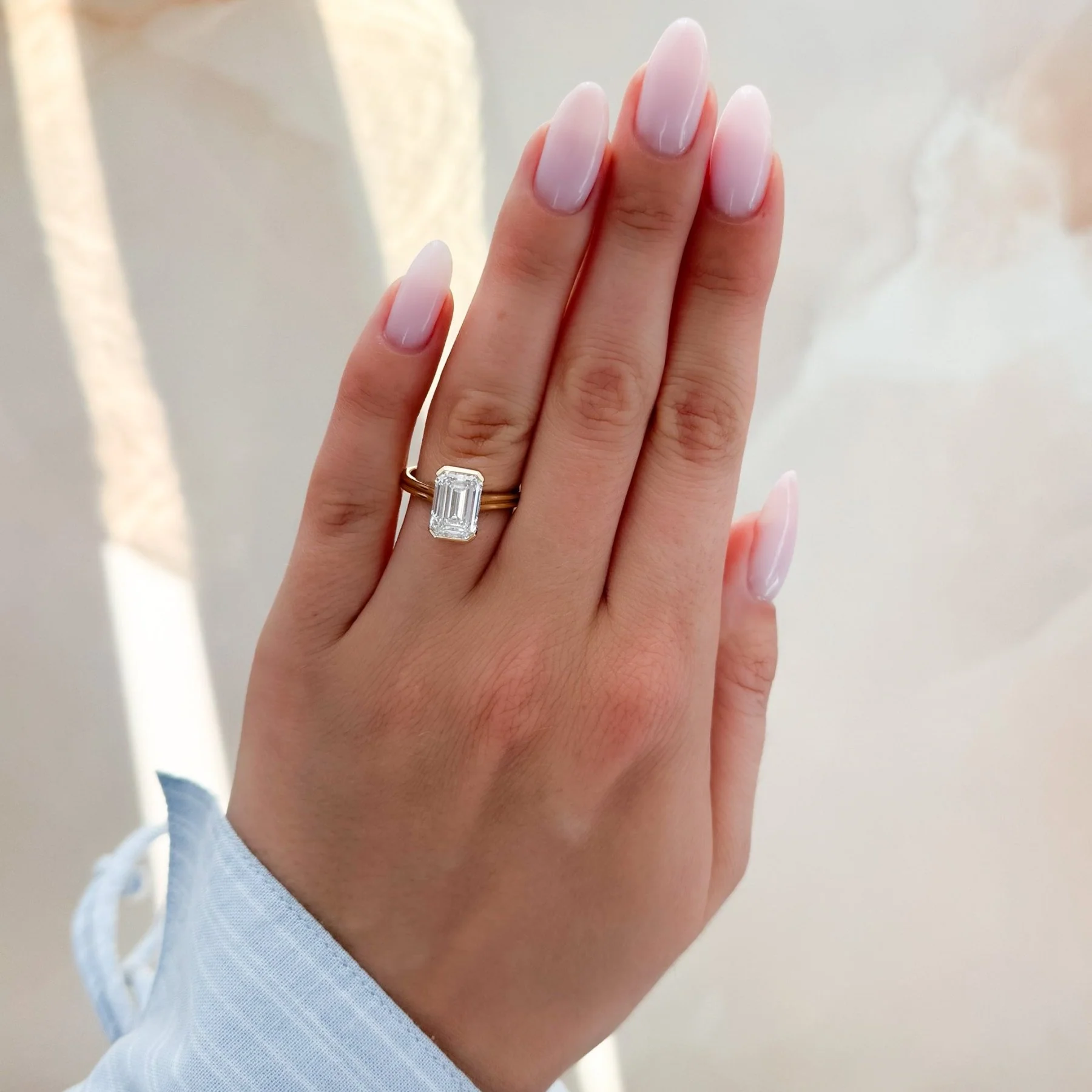 Double Row Half Bezel Solitaire Engagement Ring With Emerald Cut Diamond - Image 6