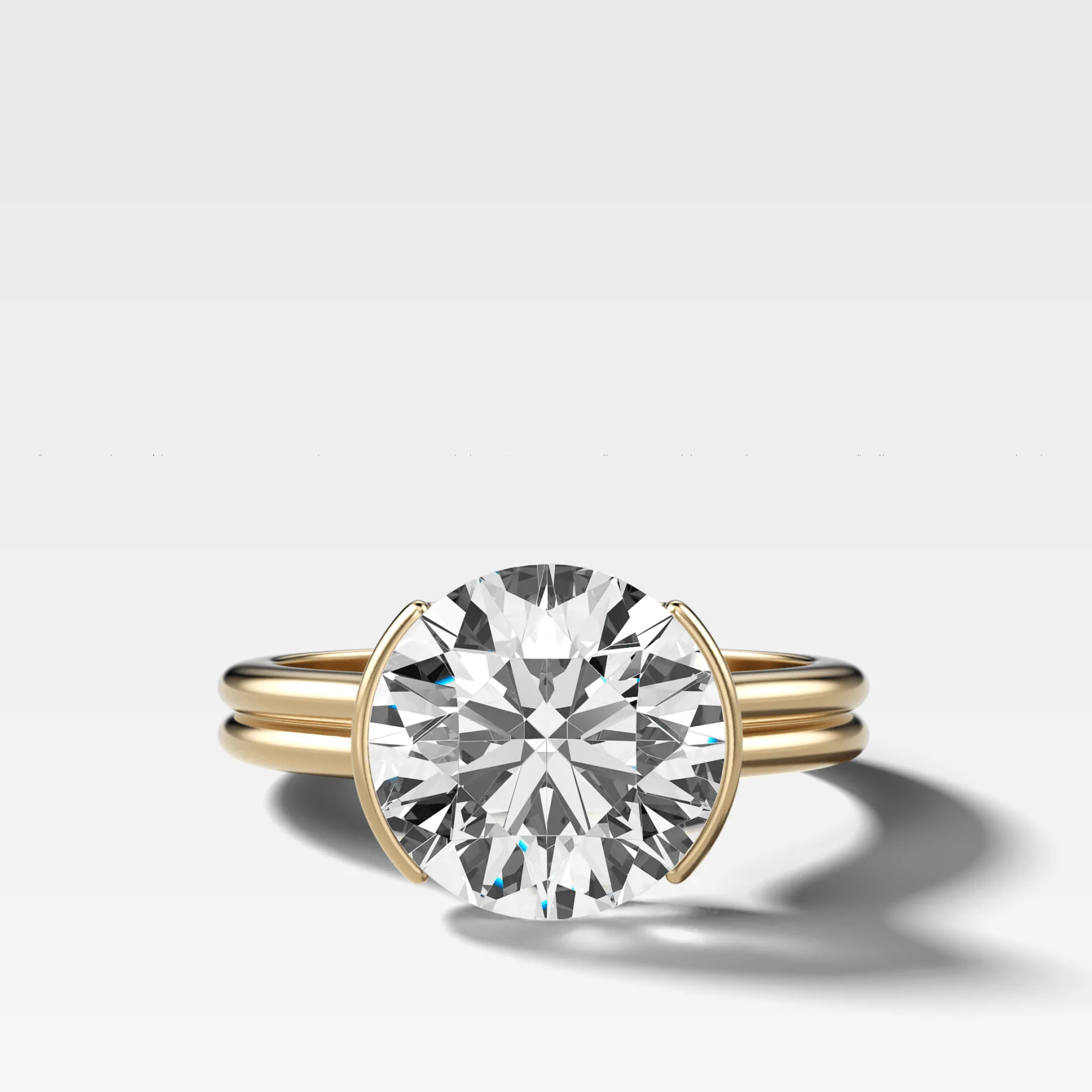 Double Row Half Bezel Solitaire Engagement Ring With Round Cut Diamond