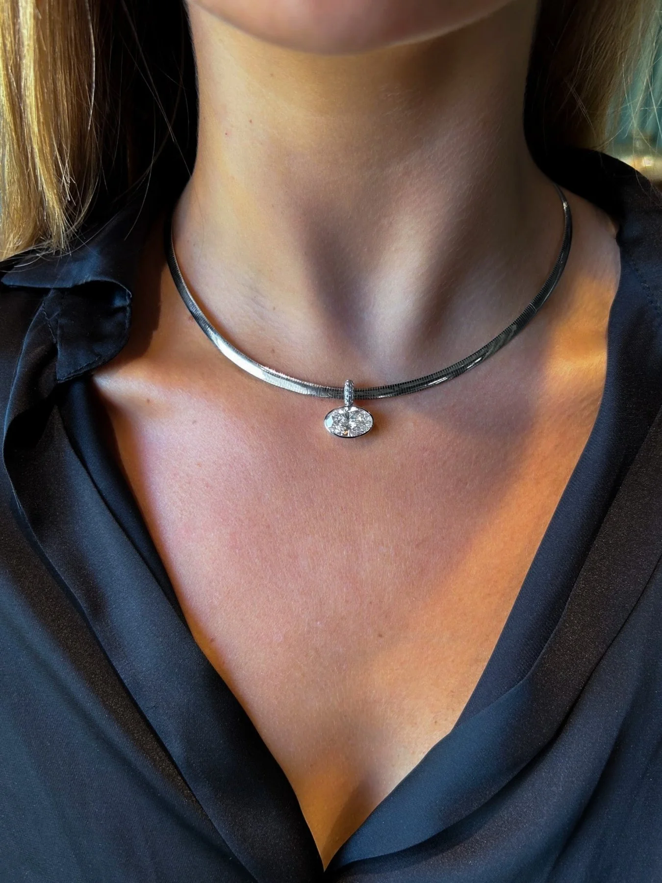 East West Bezel Set Oval Attachable Diamond Pendant with Pavé Knife Edge Diamond Bail - Image 3
