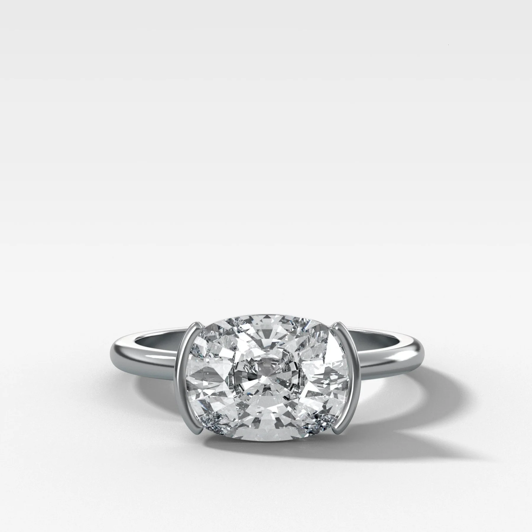 East West Half Bezel Solitaire Engagement Ring With Elongated Cushion Cut Diamond - Image 4