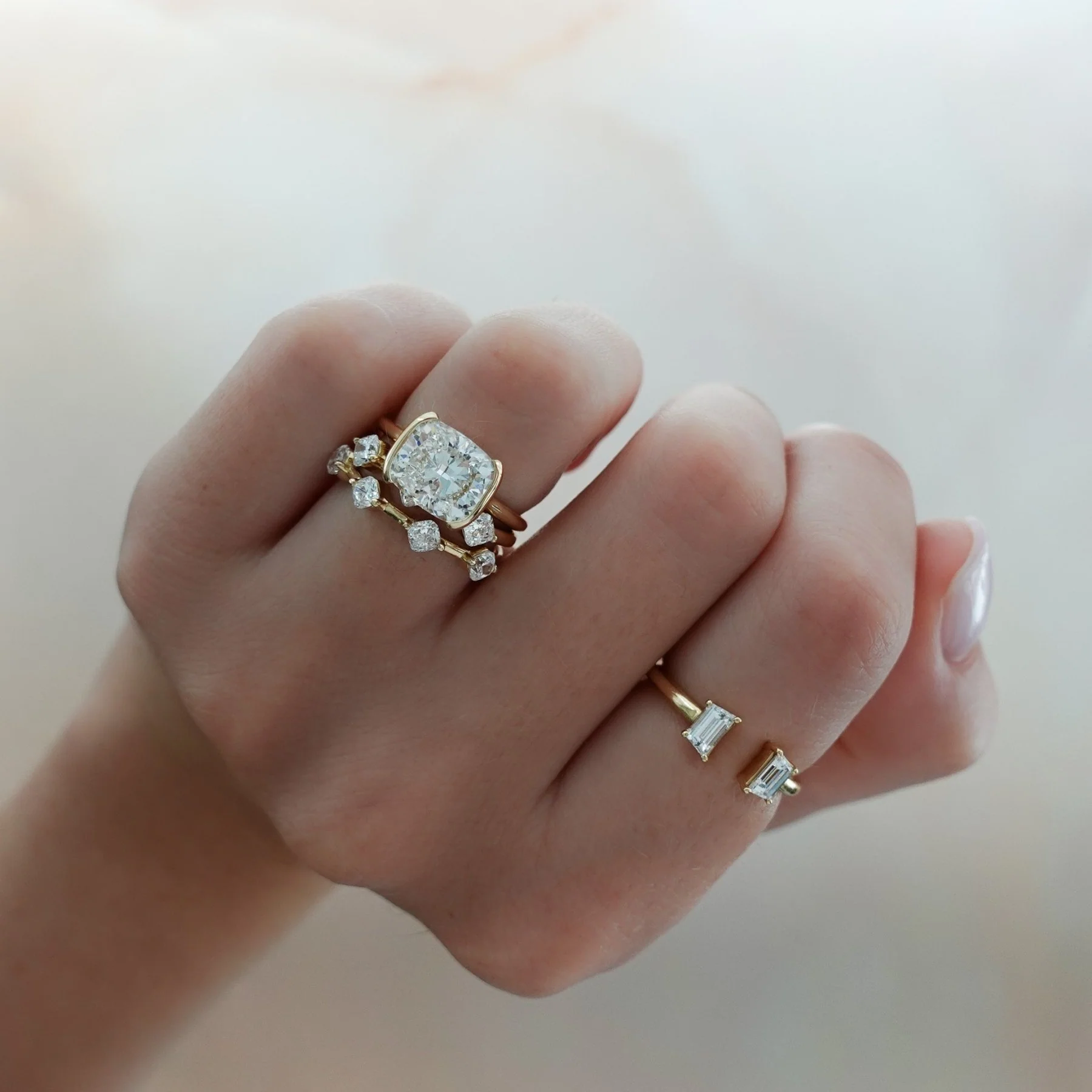 East West Half Bezel Solitaire Engagement Ring With Elongated Cushion Cut Diamond - Image 6