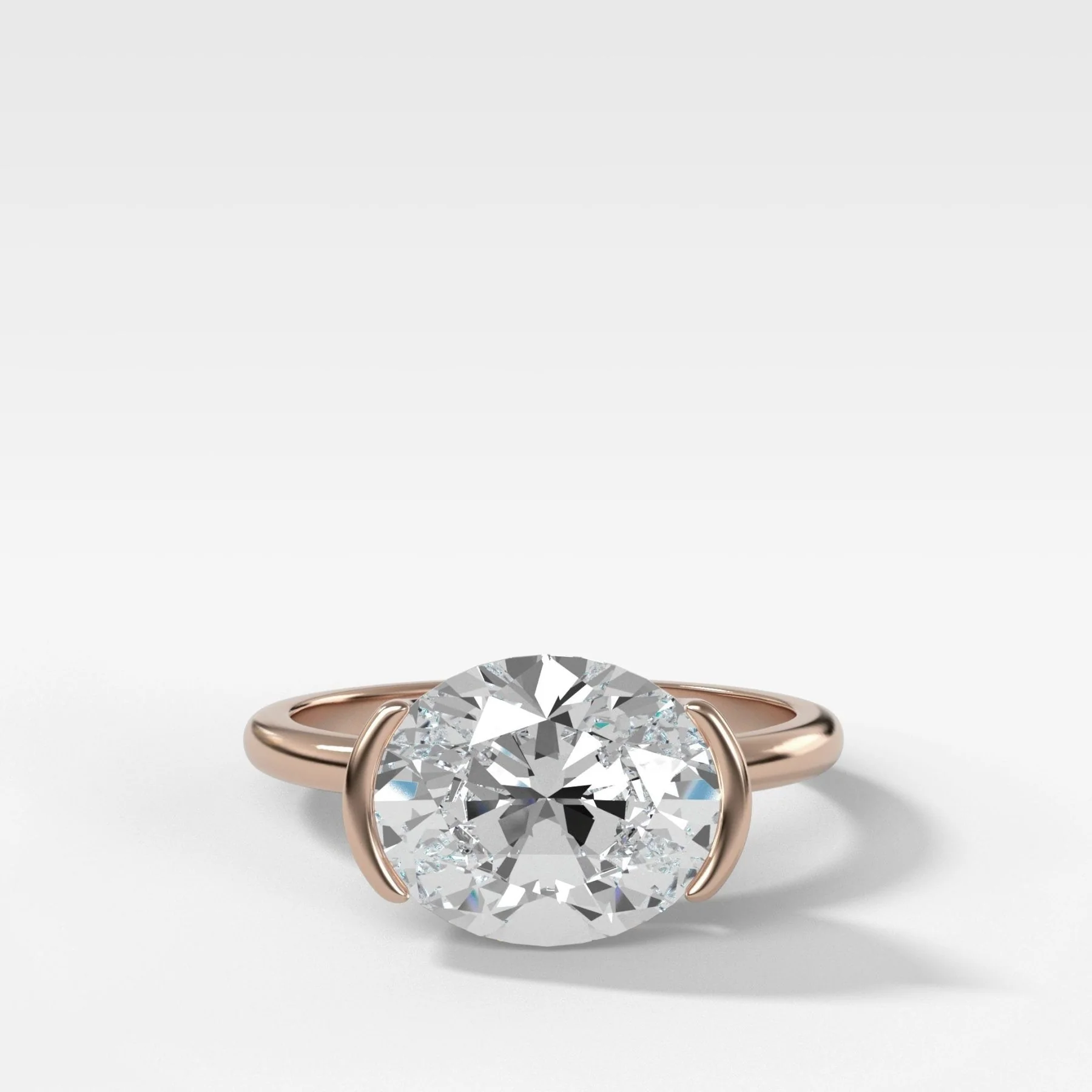 East West Half Bezel Solitaire Engagement Ring With Oval Cut Diamond - Image 6