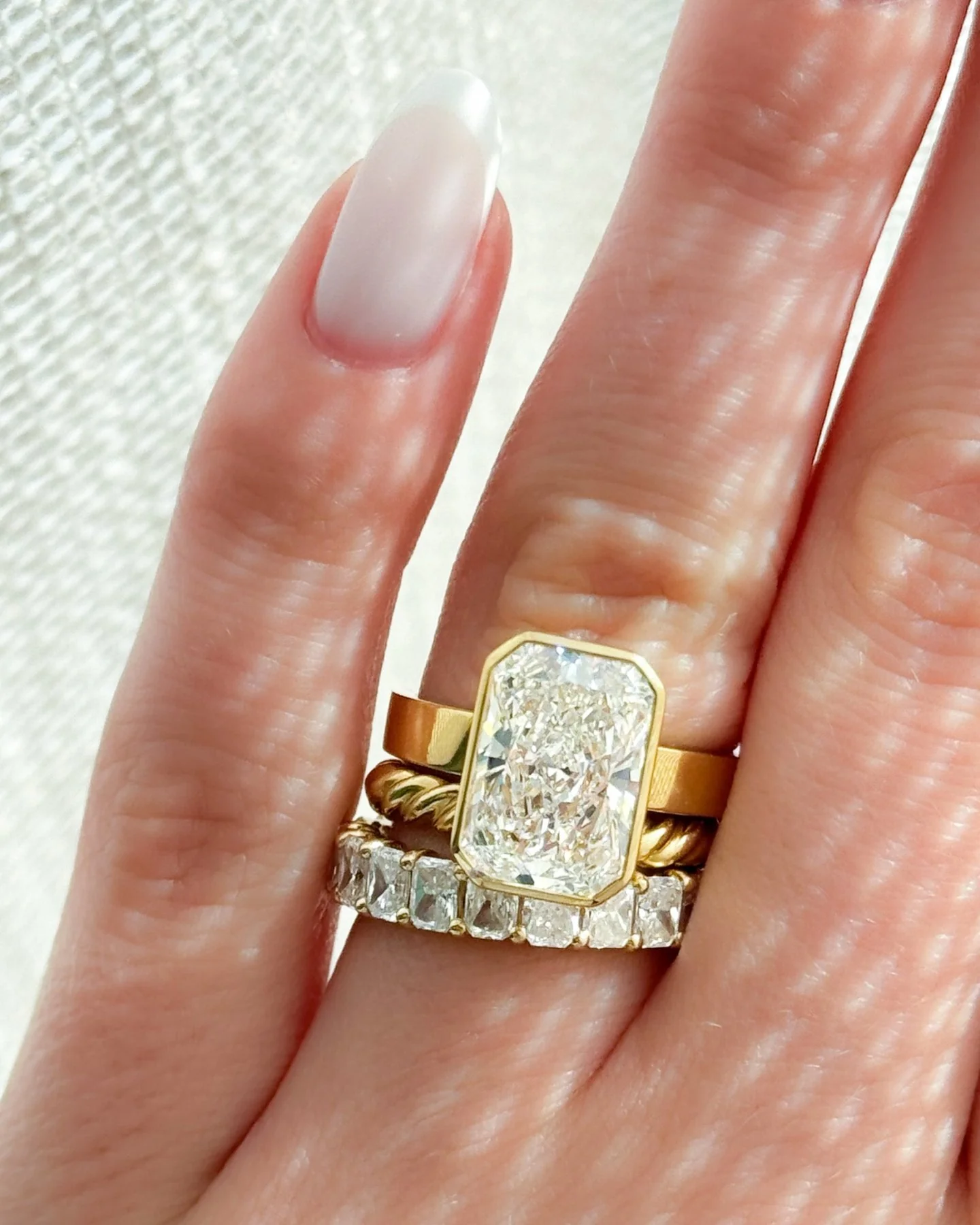 Finest Bezel Set Engagement Ring With Elongated Radiant Cut Diamond - Image 5