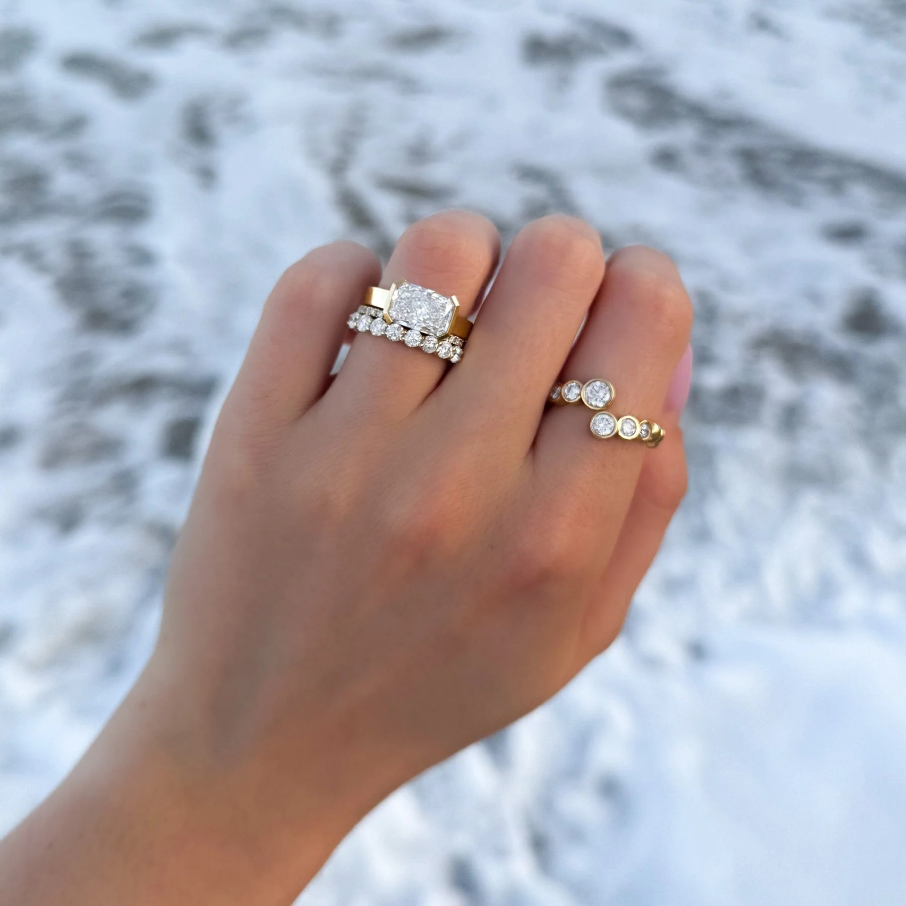 Finest Half Bezel Solitaire Engagement Ring With East West Elongated Radiant Cut Diamond - Image 6