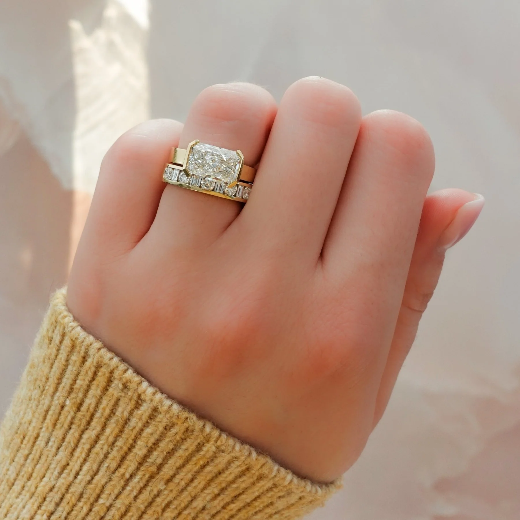 Finest Half Bezel Solitaire Engagement Ring With East West Elongated Radiant Cut Diamond - Image 7
