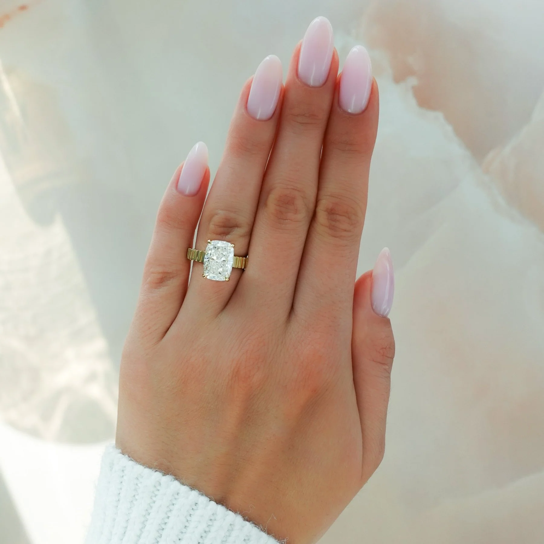 Finest Ridged Solitaire Engagement Ring With Elongated Cushion Cut Diamond - Image 3