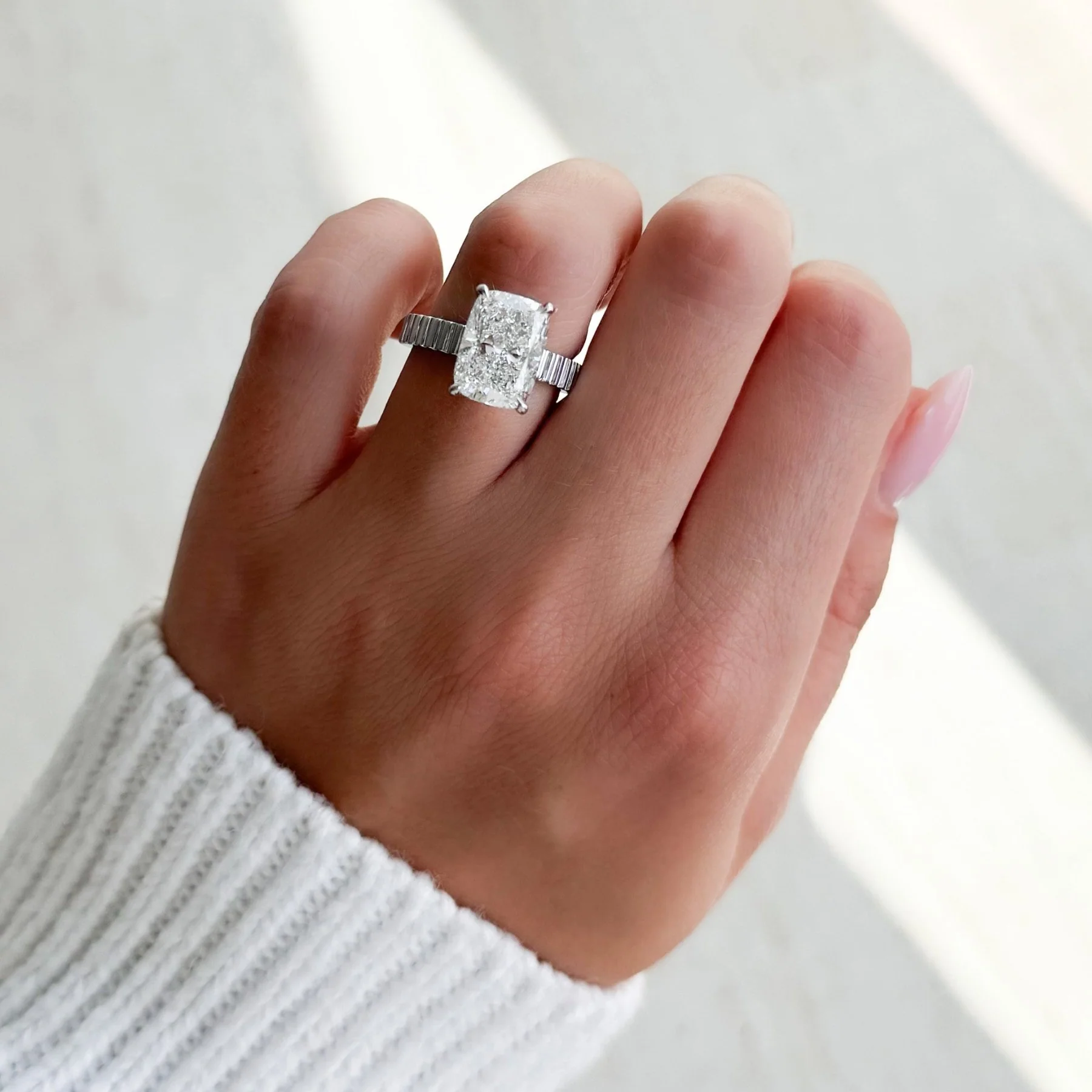 Finest Ridged Solitaire Engagement Ring With Elongated Cushion Cut Diamond - Image 7