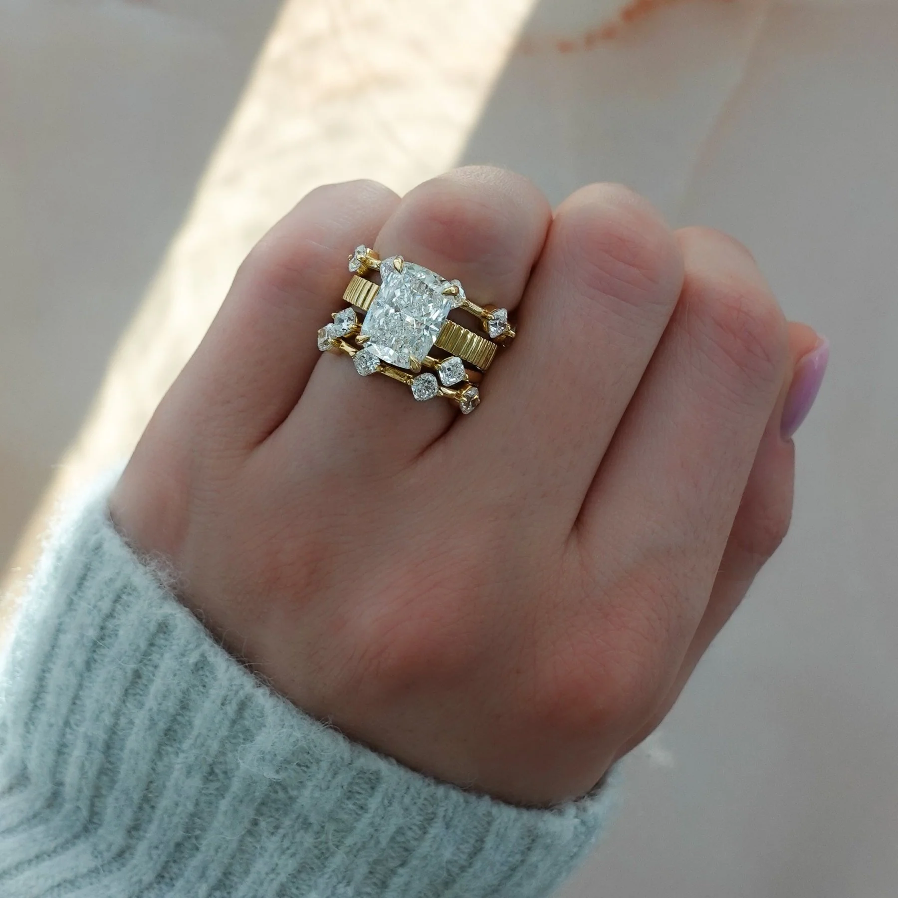 Finest Ridged Solitaire Engagement Ring With Elongated Cushion Cut Diamond - Image 9