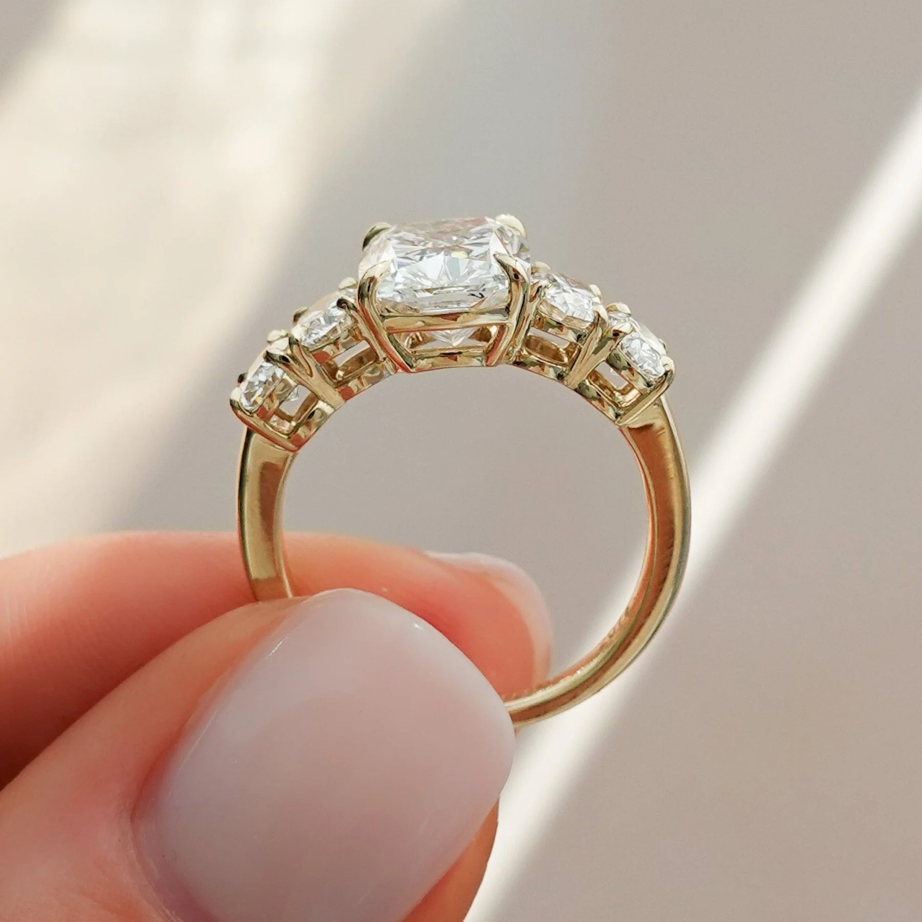 Five Stone Oval Engagement Ring With Elongated Cushion Cut Diamond - Image 2