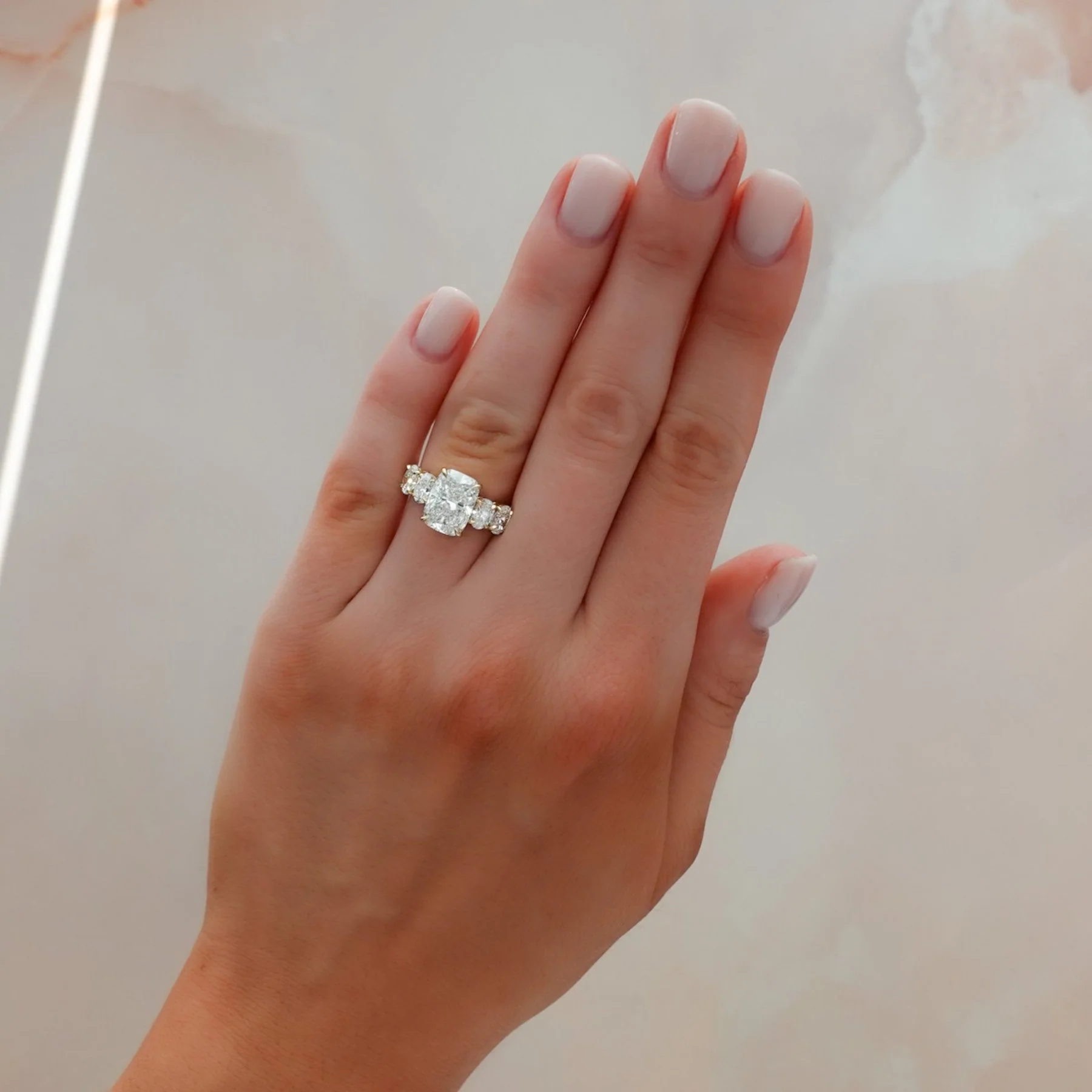 Five Stone Oval Engagement Ring With Elongated Cushion Cut Diamond - Image 3