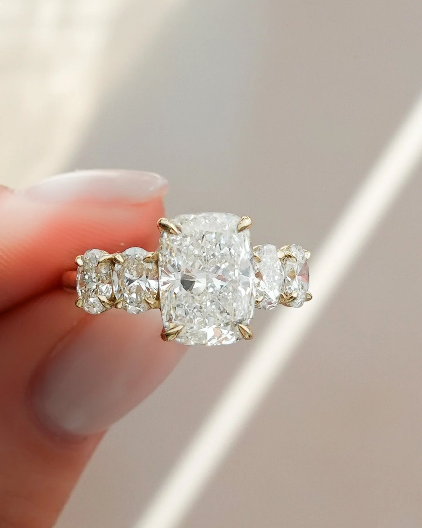 Five Stone Oval Engagement Ring With Elongated Cushion Cut Diamond - Image 6