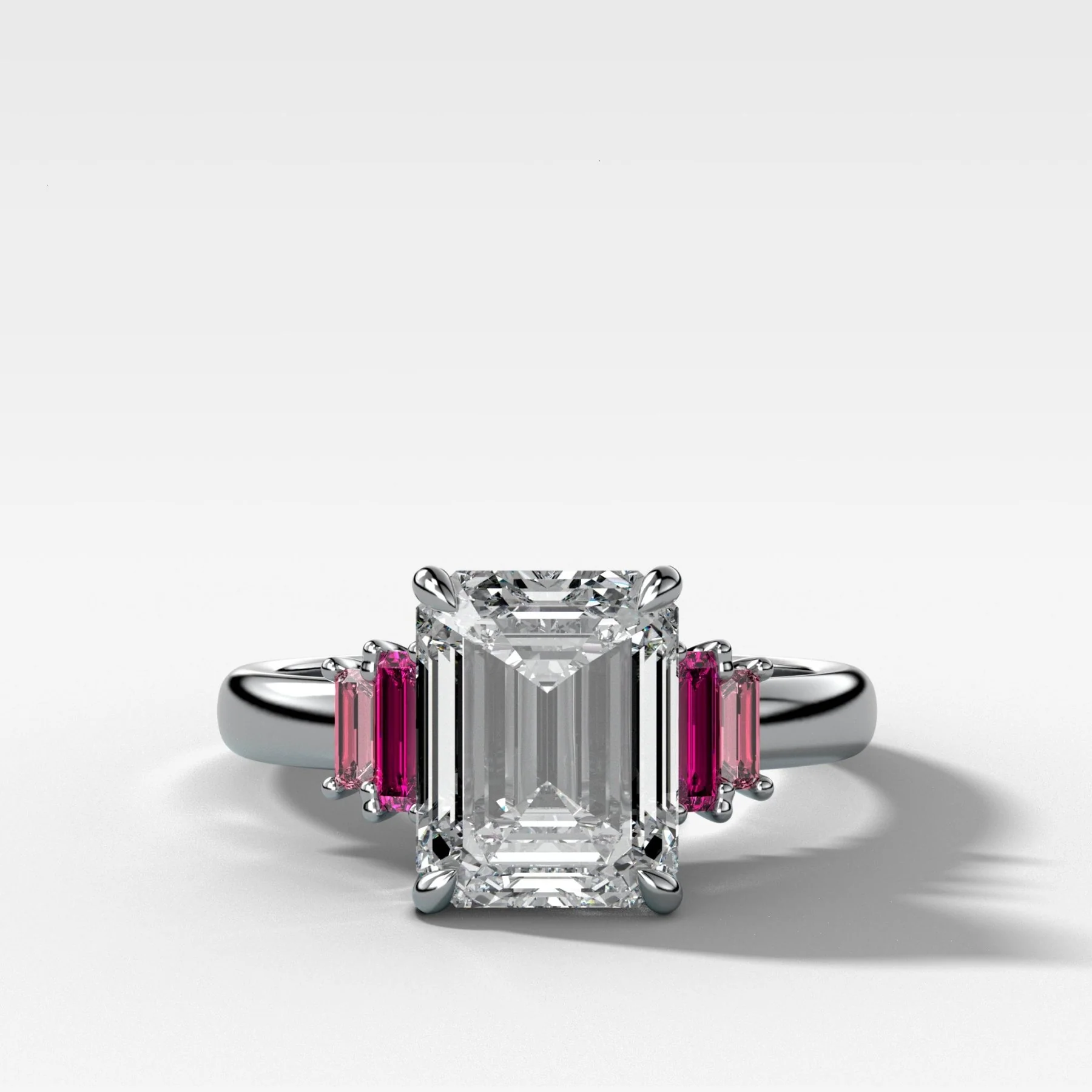 Five Stone Engagement Ring with Ruby and Pink Sapphire Baguette Side Stones and Emerald Cut Diamond - Image 2
