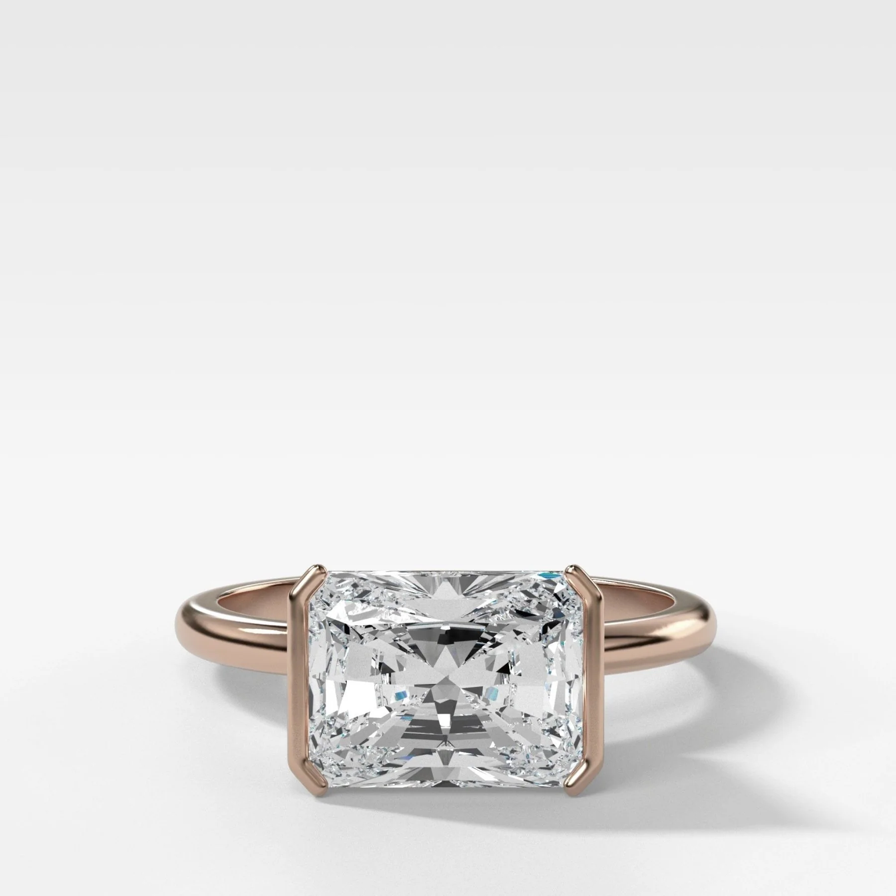 East West Half Bezel Solitaire Engagement Ring With Elongated Radiant Cut Diamond - Image 6