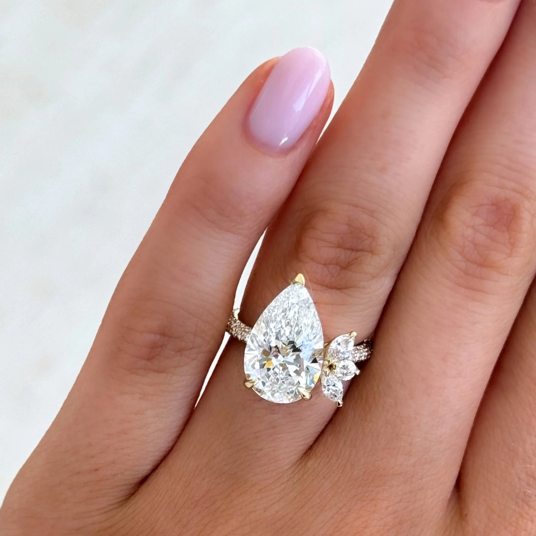 Lotus Triple Row Pavé Engagement Ring With Pear Cut Diamond - Image 2