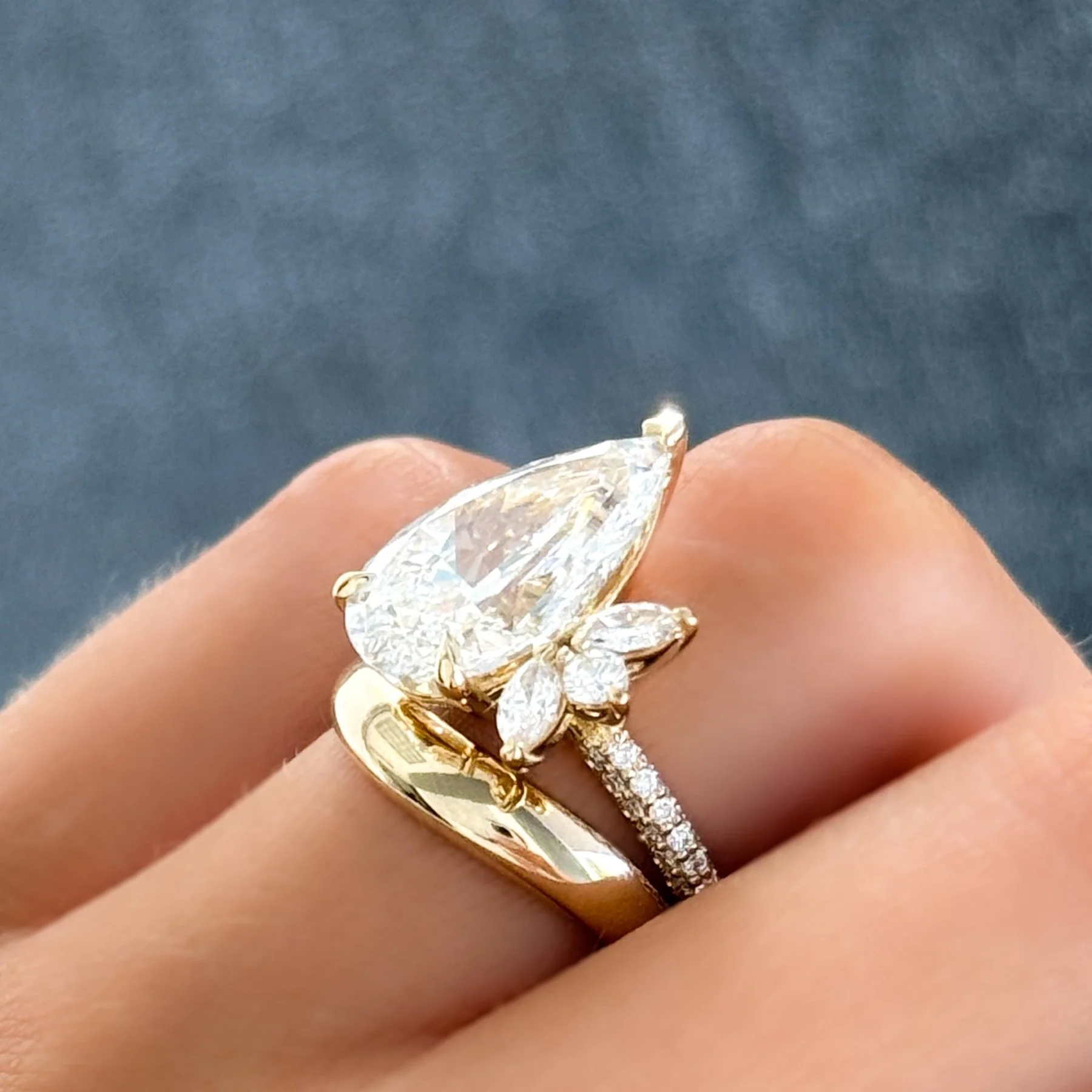 Lotus Triple Row Pavé Engagement Ring With Pear Cut Diamond - Image 6