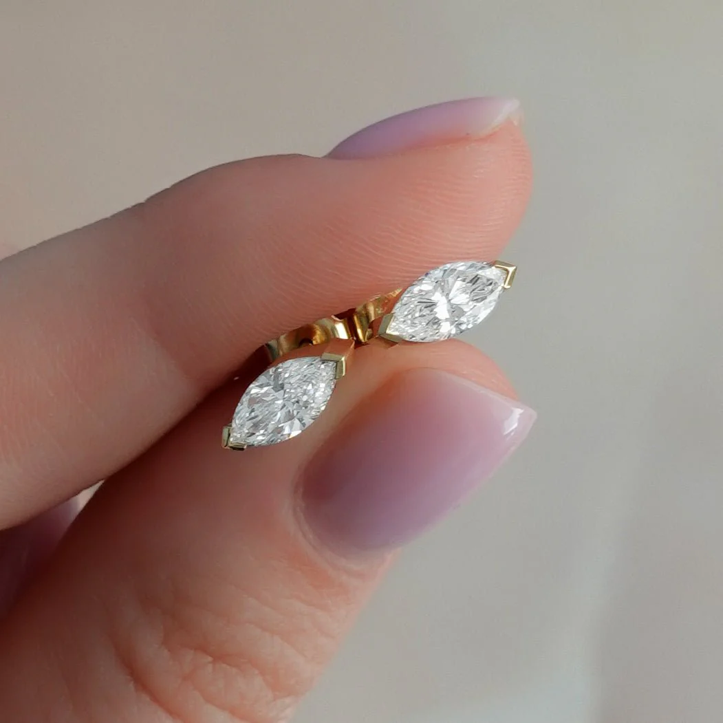 Marquise Cut Half Bezel Diamond Studs - Image 2