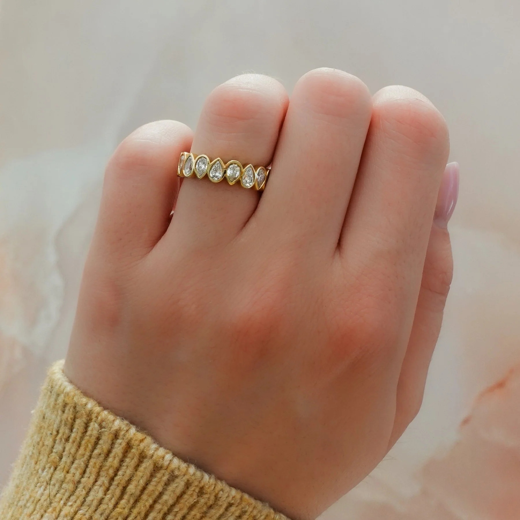 Midi Bezel Set Halfway Wedding Band With Alternating Pear Cuts - Image 2