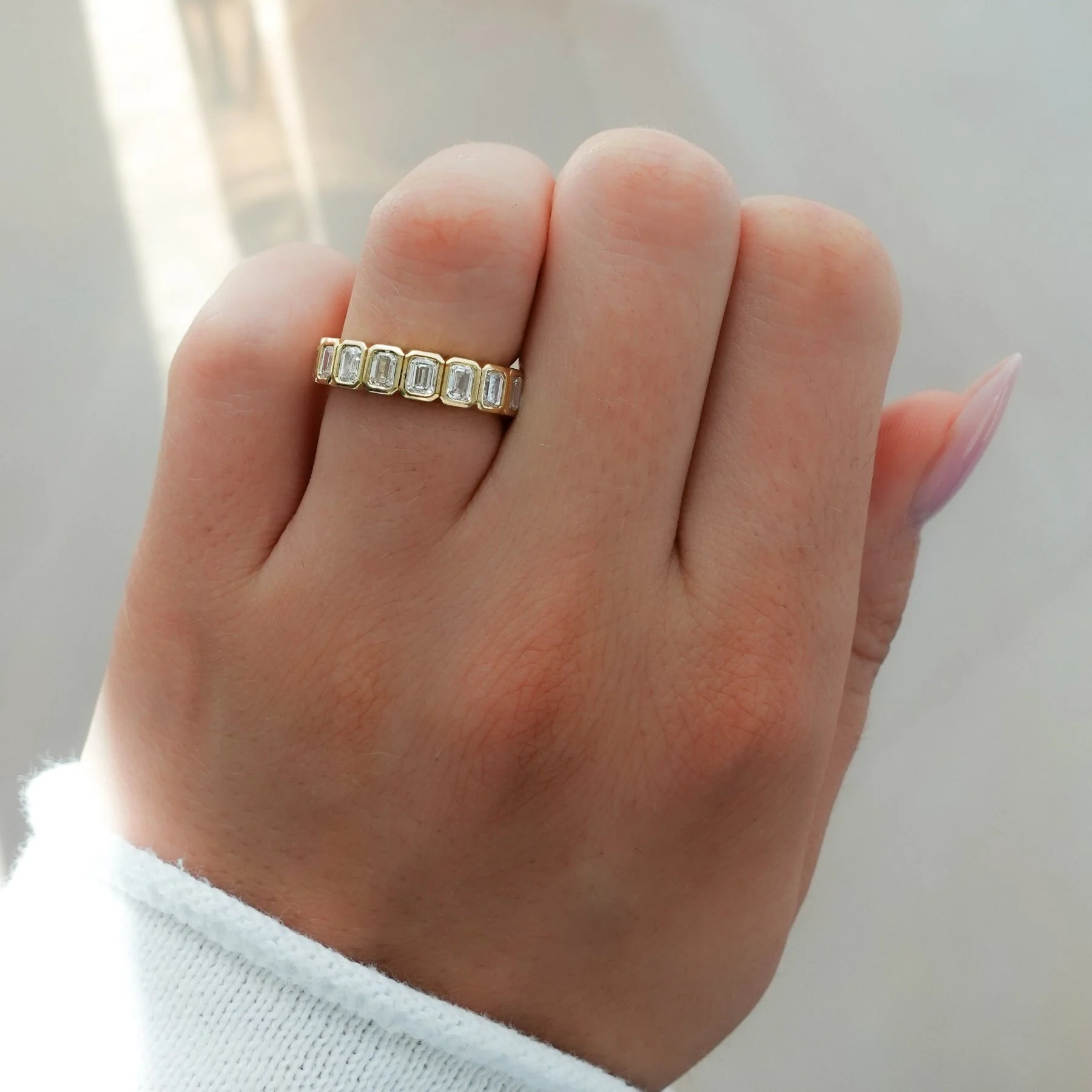 Midi Bezel Set Halfway Wedding Band With Emerald Cuts - Image 2
