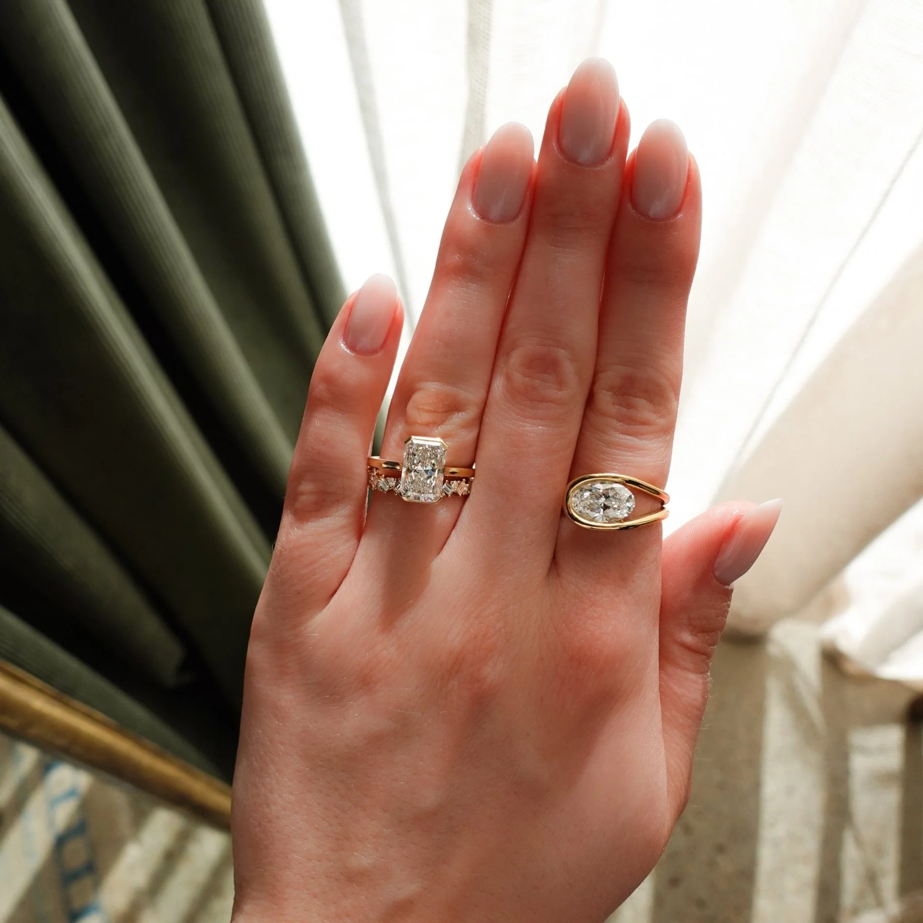 North South Half Bezel Solitaire Engagement Ring With Elongated Radiant Cut Diamond - Image 6