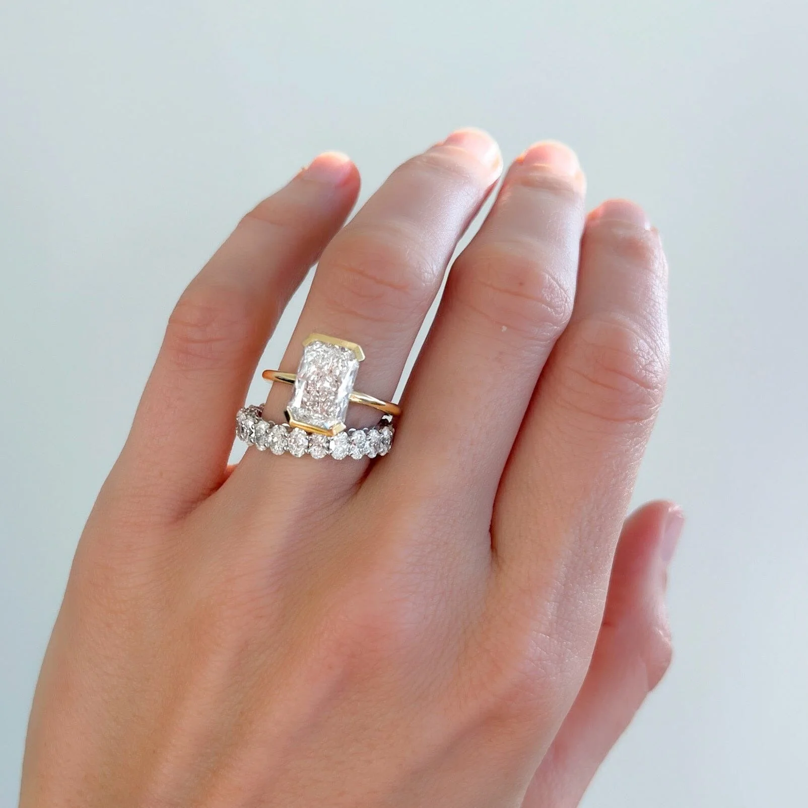 North South Half Bezel Solitaire Engagement Ring With Elongated Radiant Cut Diamond - Image 9