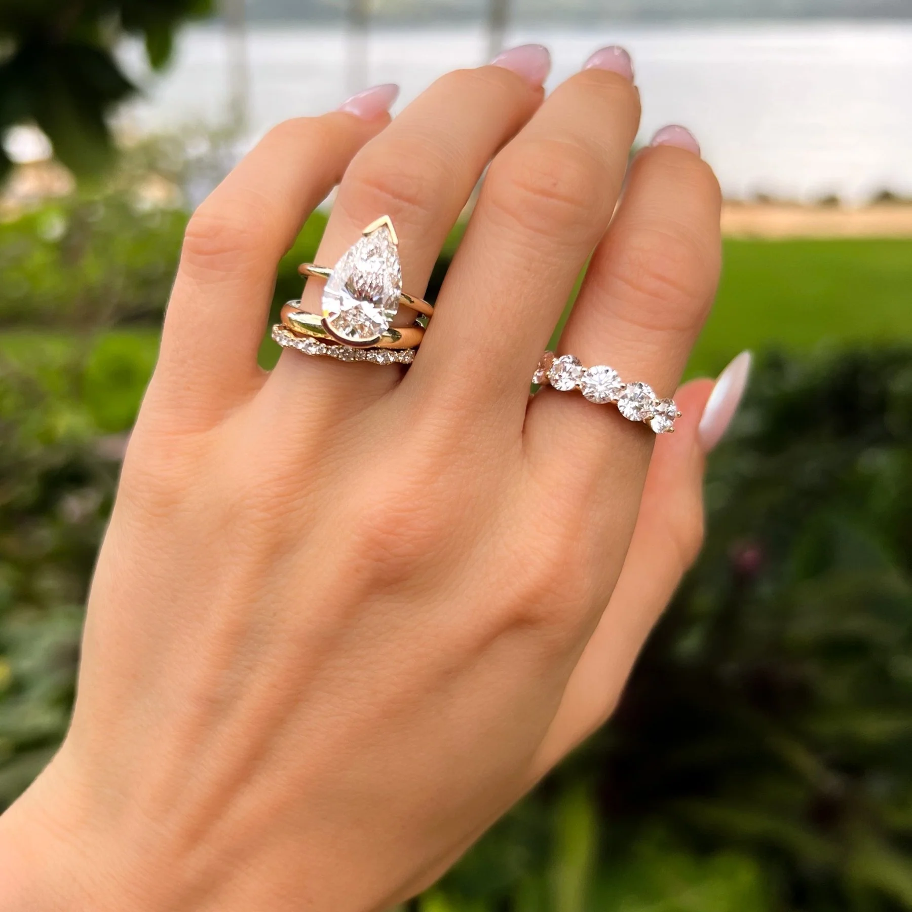 North South Half Bezel Solitaire Engagement Ring With Pear Cut Diamond - Image 6