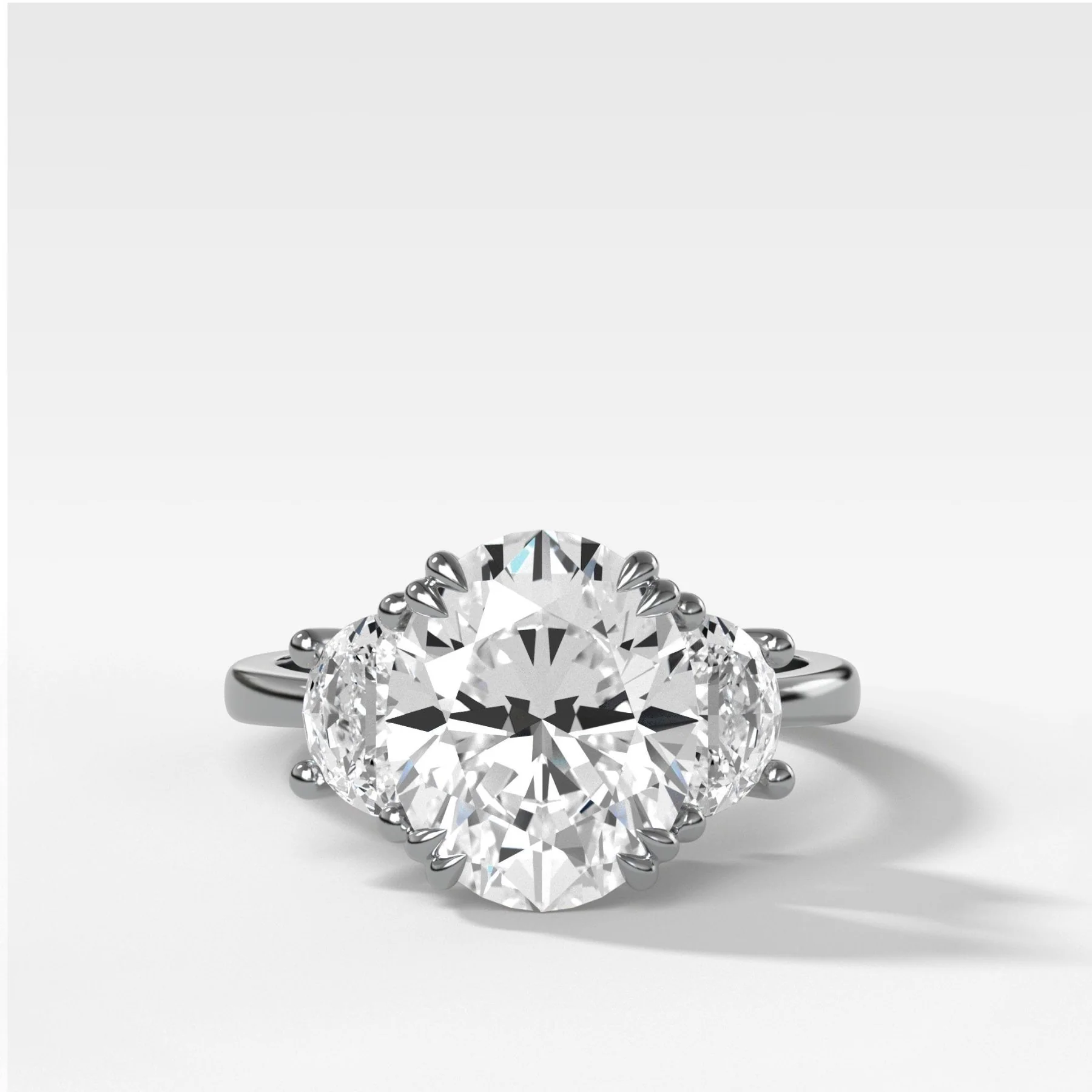 Oval Three Stone Engagement Ring With Half Moon Side Stones - Image 3