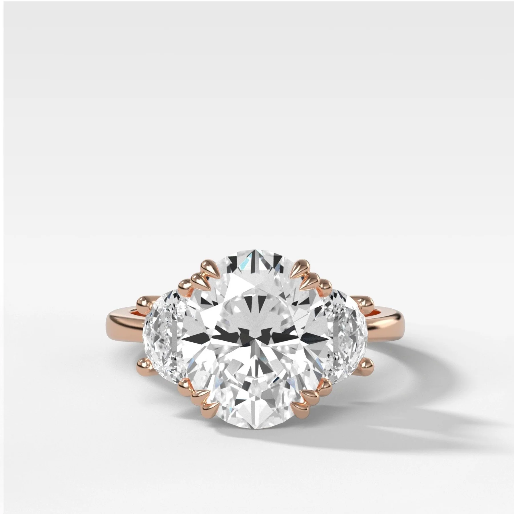 Oval Three Stone Engagement Ring With Half Moon Side Stones - Image 4