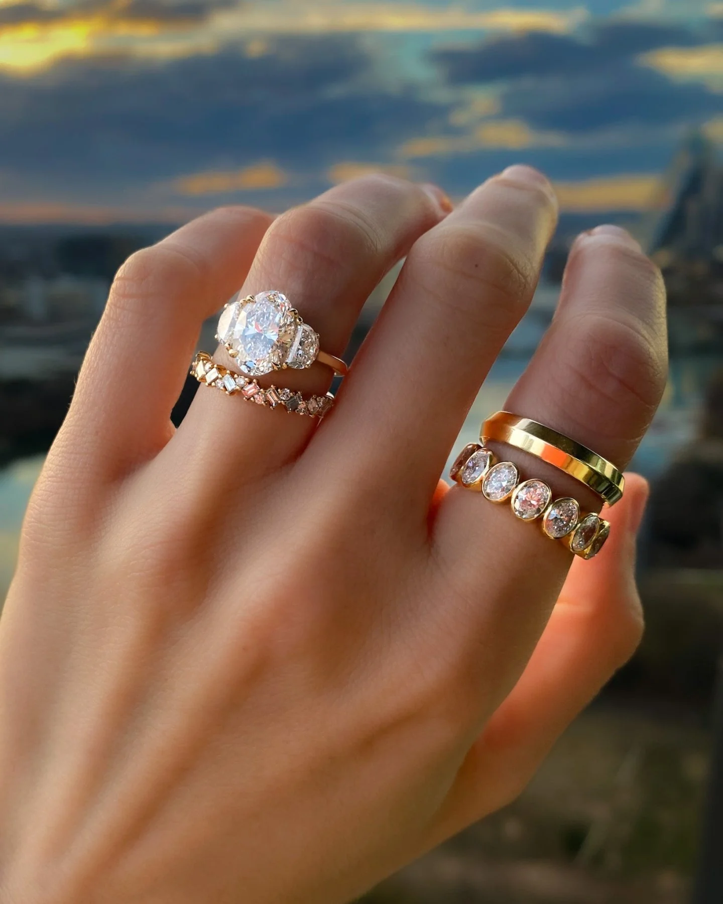 Oval Three Stone Engagement Ring With Half Moon Side Stones - Image 8