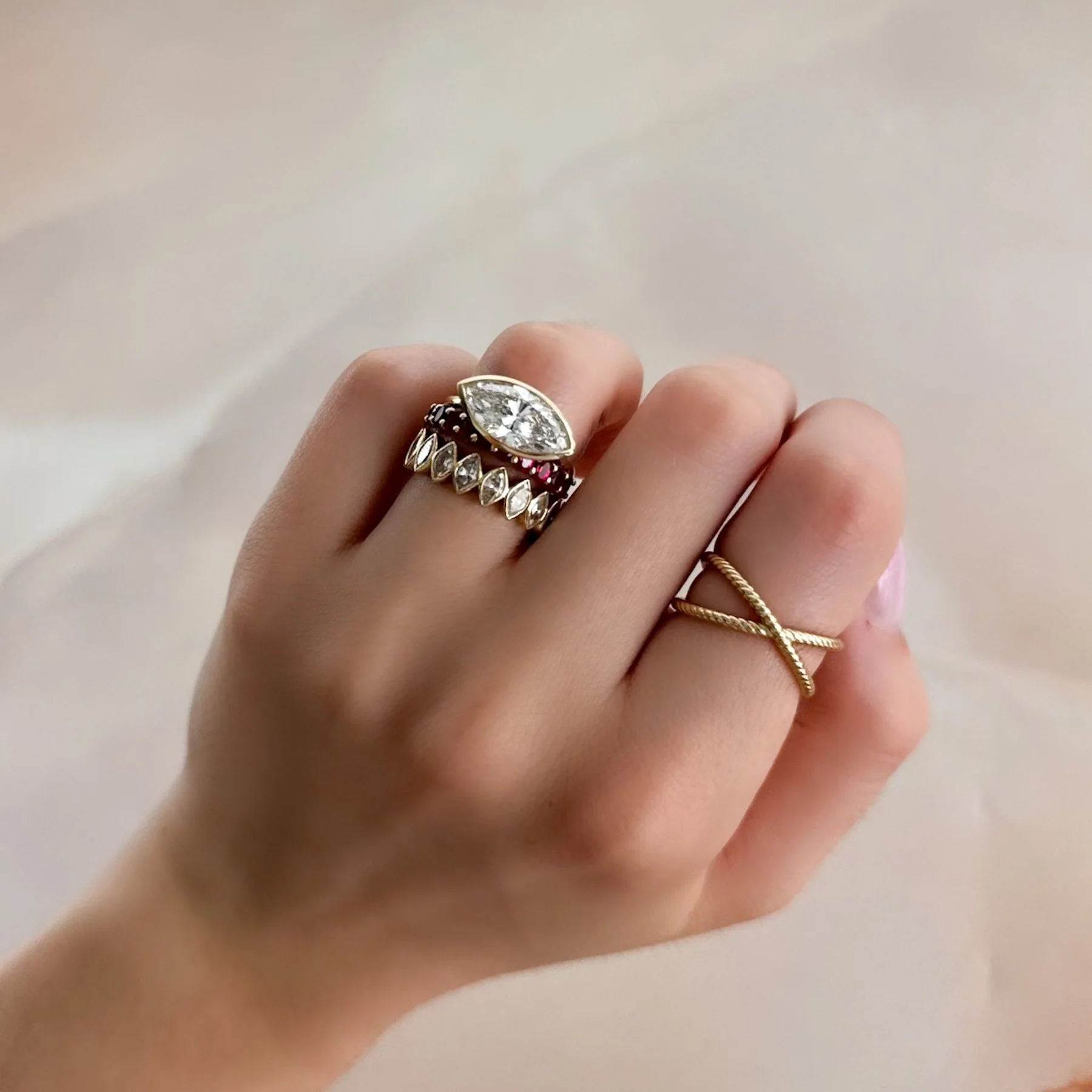 Penumbra Bezel Set Engagement Ring With East West Marquise Cut - Image 6