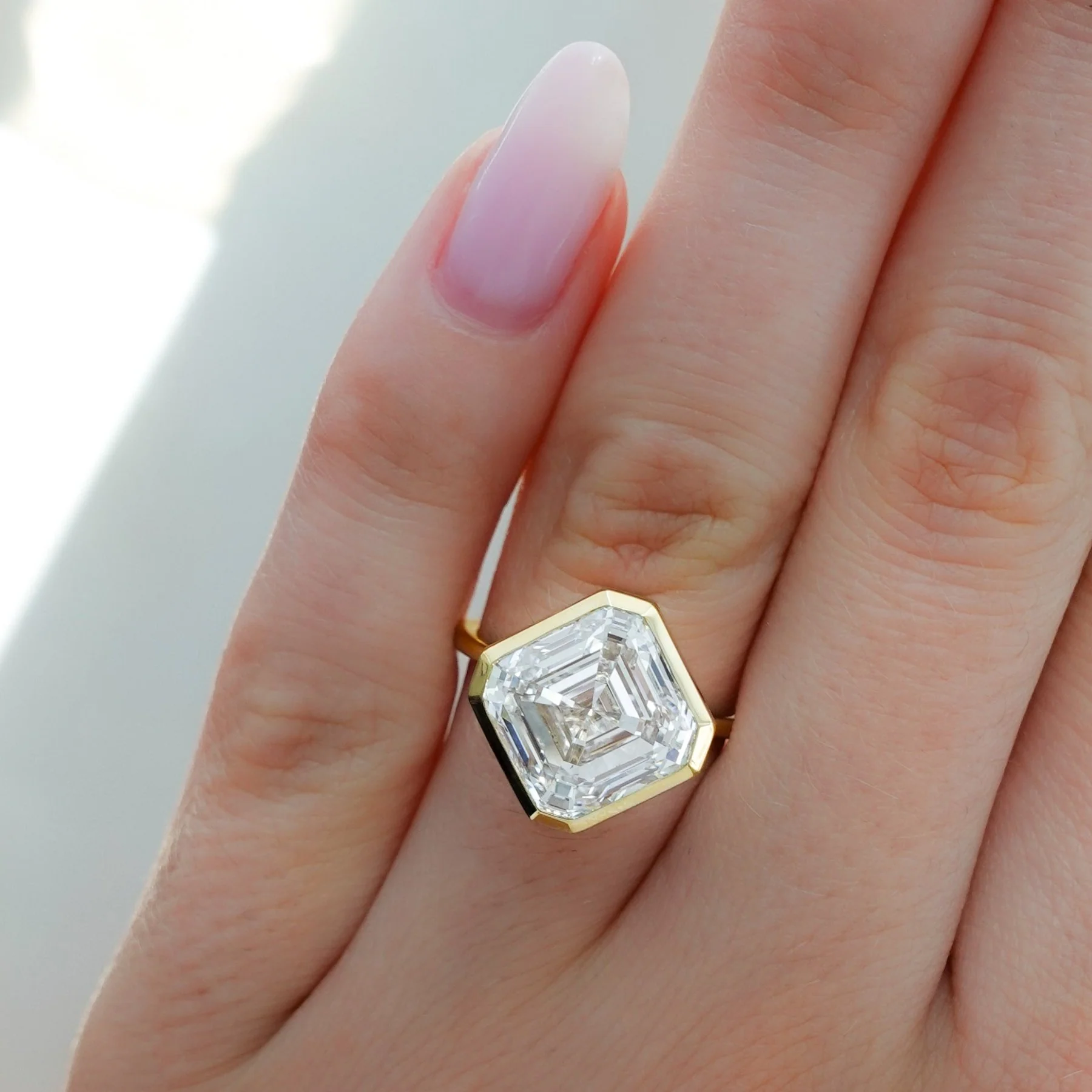 Penumbra Bezel Set Engagement Ring With Tilted Asscher Cut - Image 7