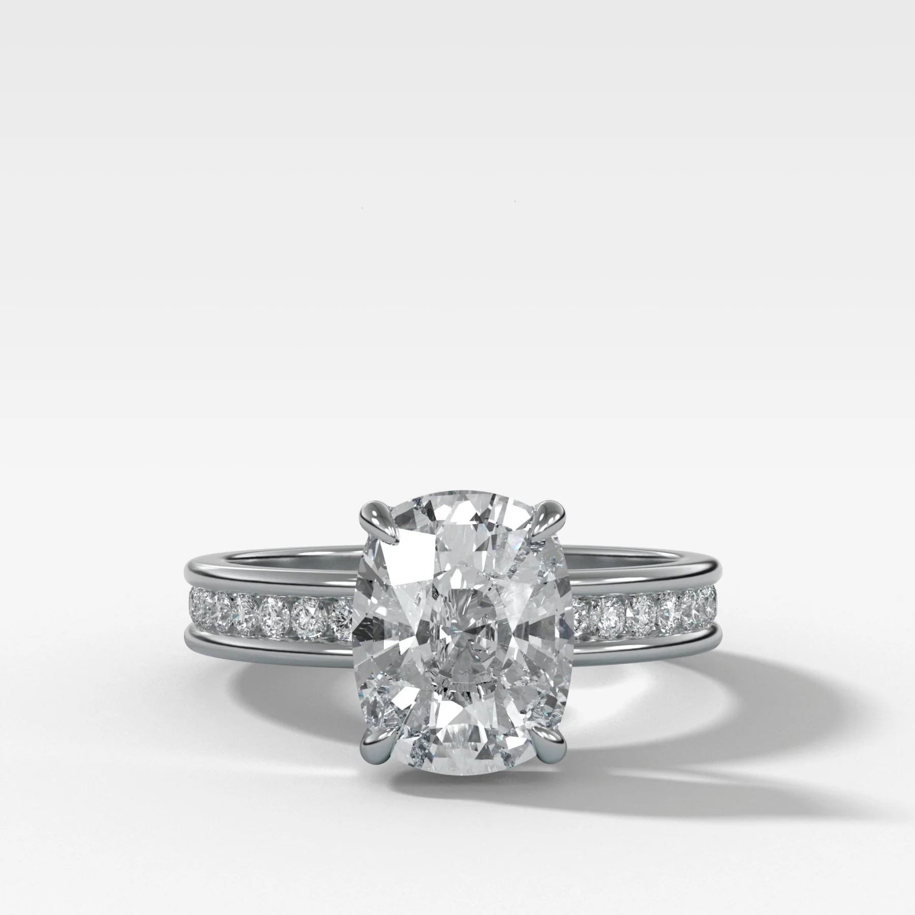 Petite Channel Set Engagement Ring with Lab Grown 3.06ct Elongated Cushion Cut Diamond