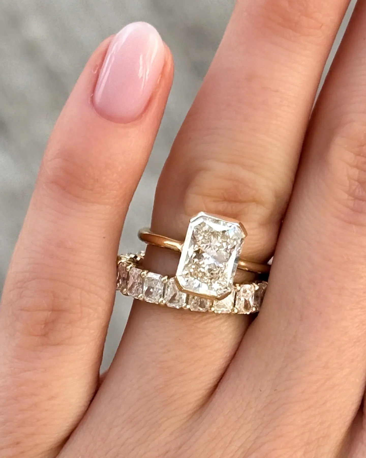 Petite Shared Prong Wedding Band with Radiant diamonds - Image 2