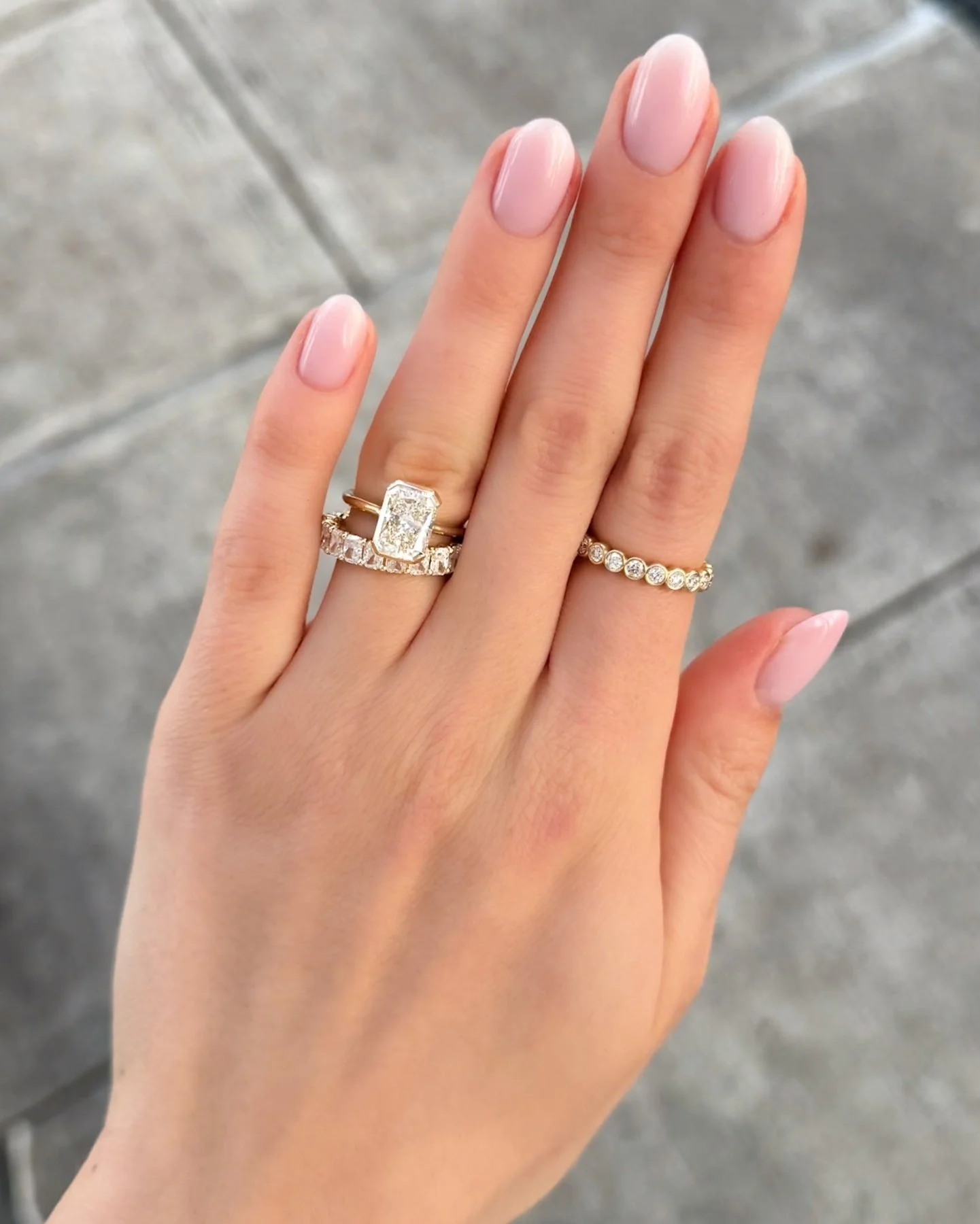Petite Shared Prong Wedding Band with Radiant diamonds - Image 5