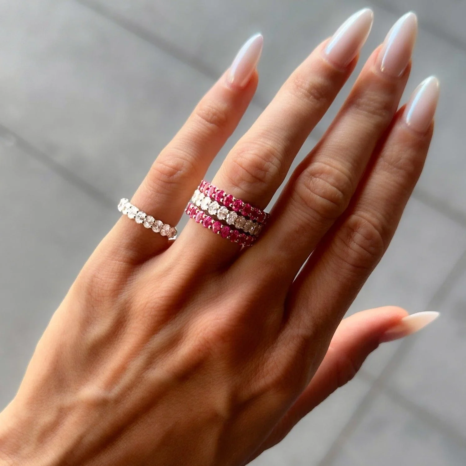 Petite Shared Prong Wedding Band with Red Ruby Oval Gemstones - Image 2