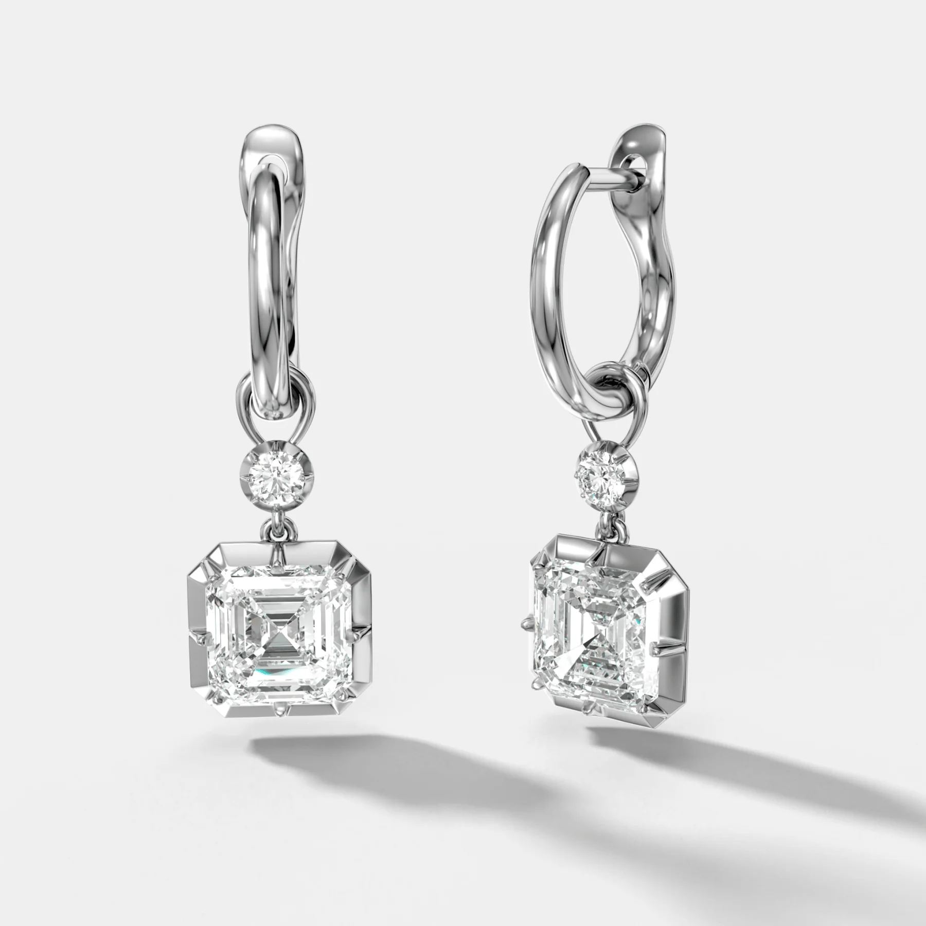 Reversed Tiered Button Back Drop Huggies with Asscher Cut Diamonds - Image 2