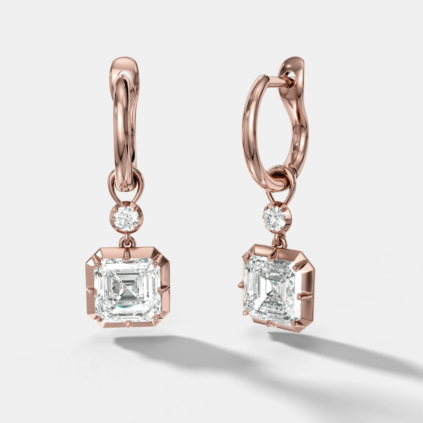 Reversed Tiered Button Back Drop Huggies with Asscher Cut Diamonds - Image 3