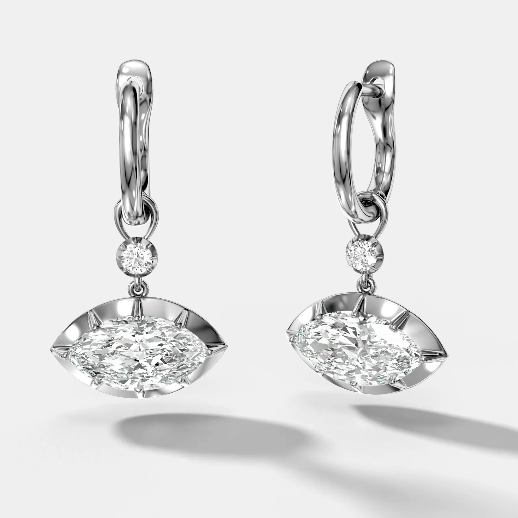 Reversed Tiered Button Back Drop Huggies with Marquise Cut Diamonds - Image 2