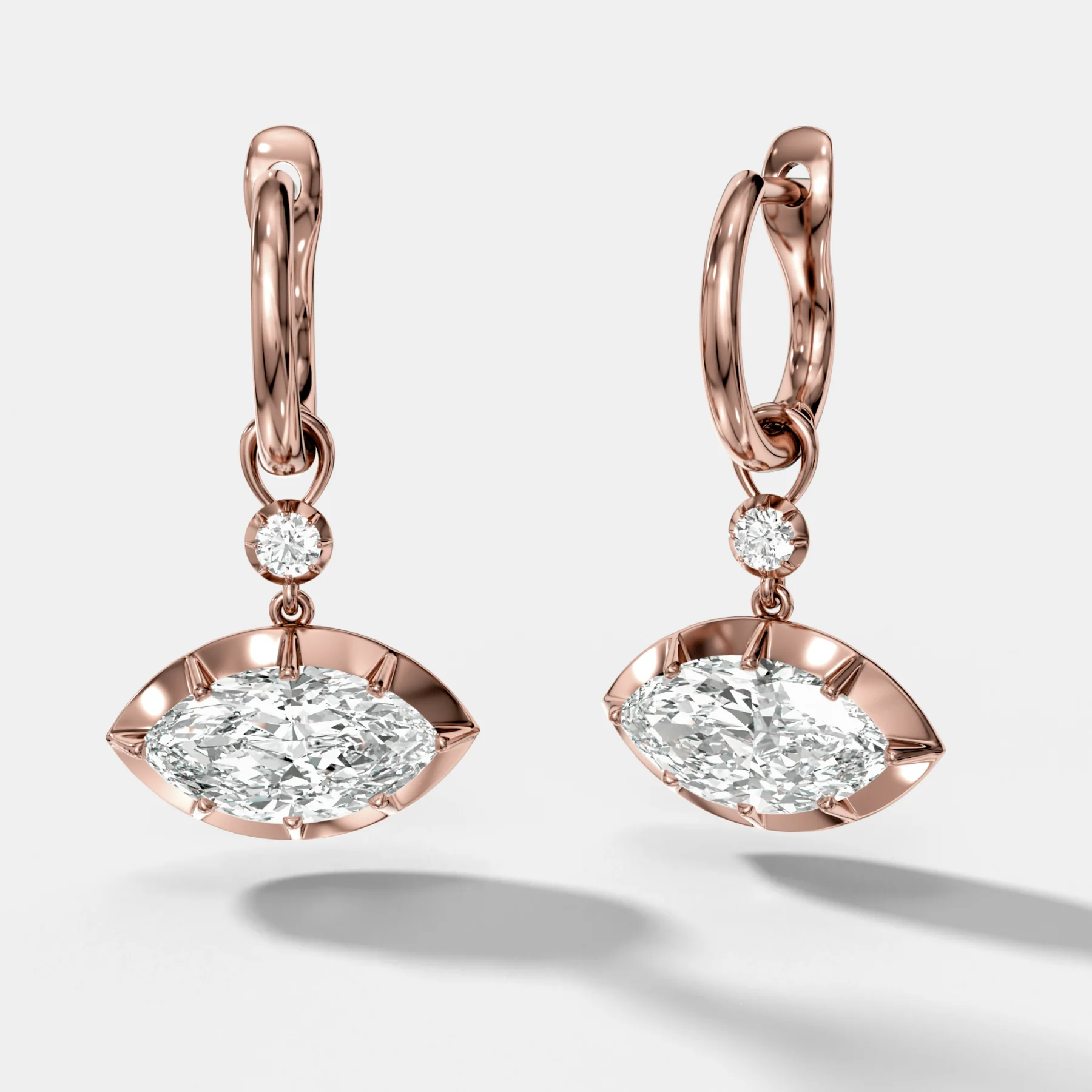 Reversed Tiered Button Back Drop Huggies with Marquise Cut Diamonds - Image 3