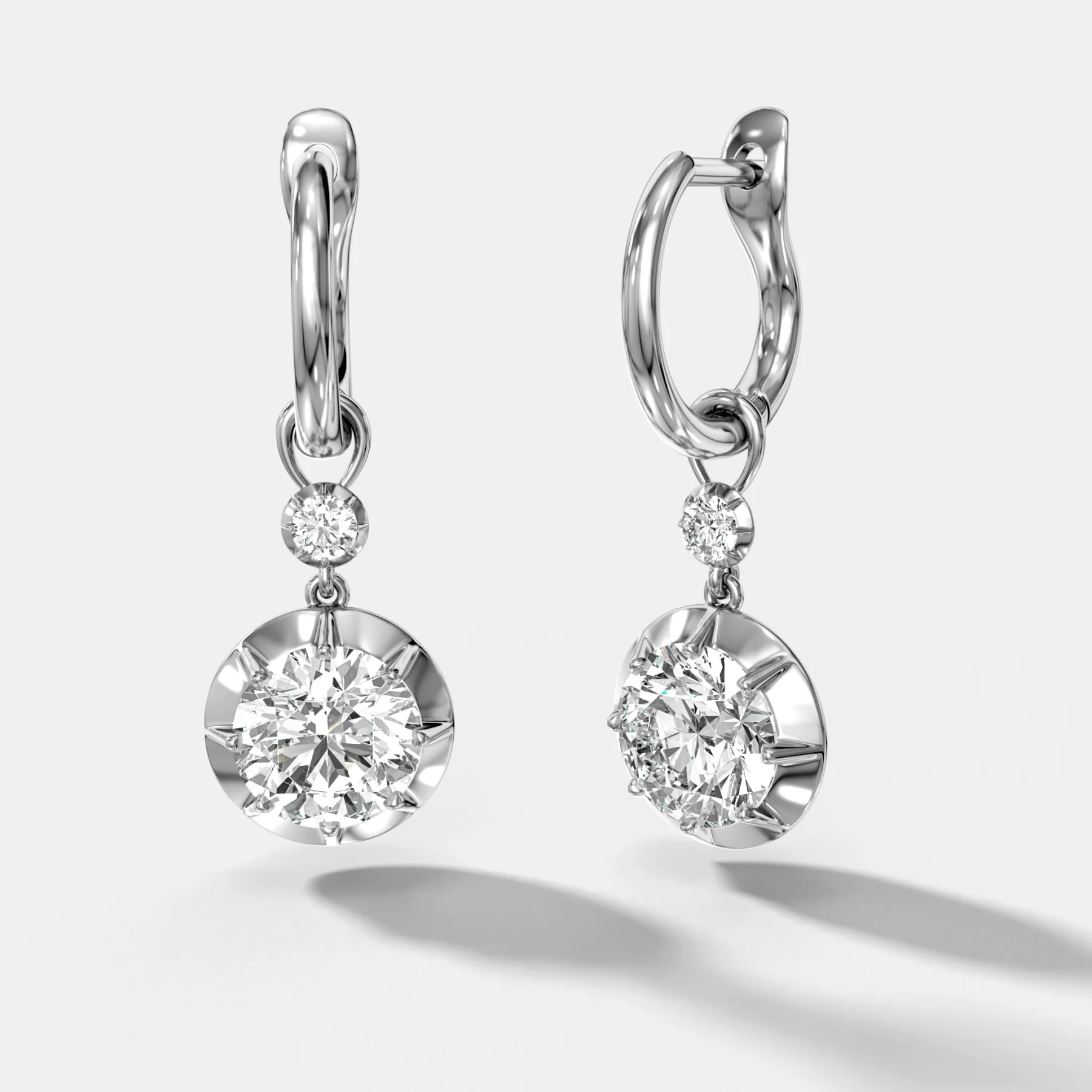 Reversed Tiered Button Back Drop Huggies with Round Cut Diamonds - Image 2