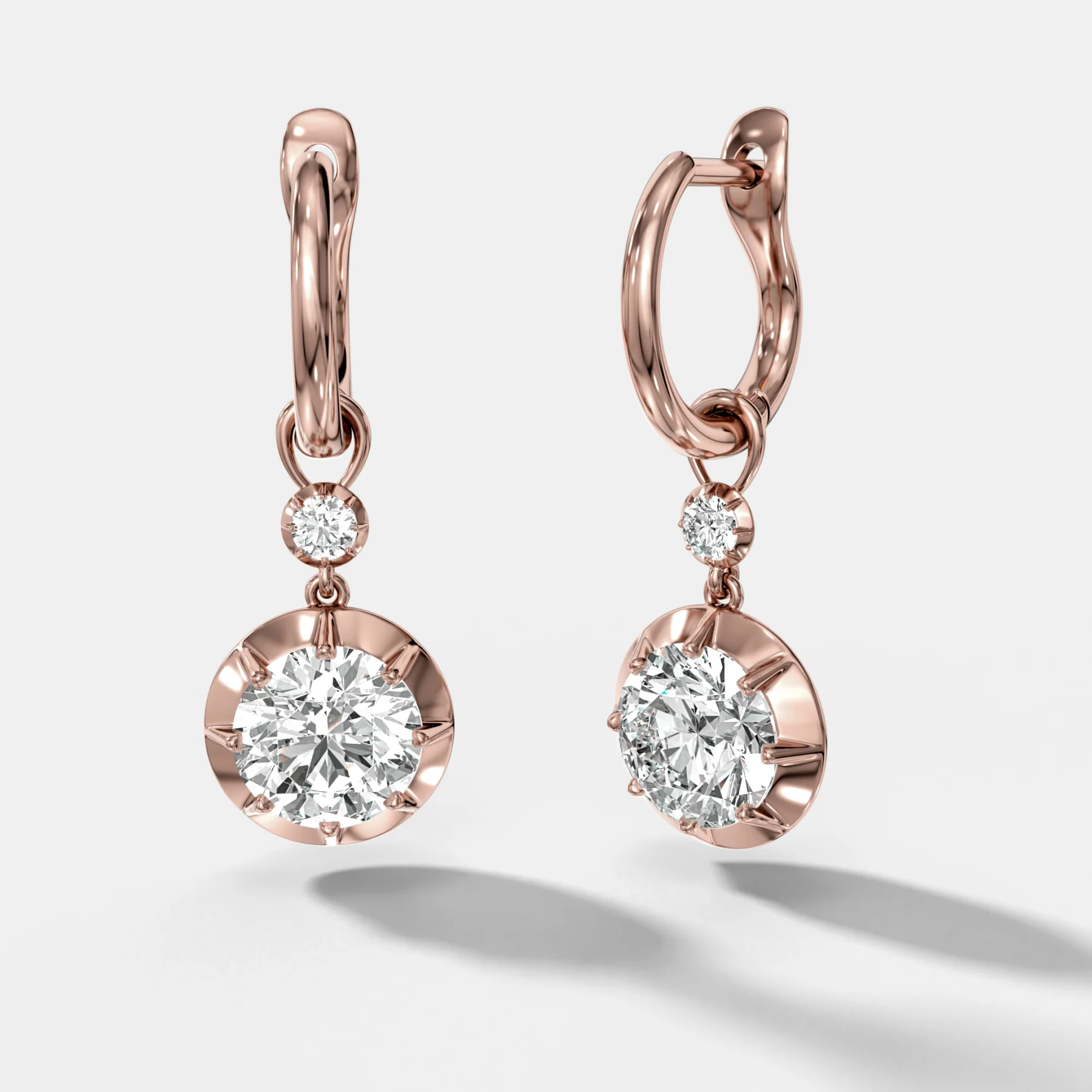 Reversed Tiered Button Back Drop Huggies with Round Cut Diamonds - Image 3