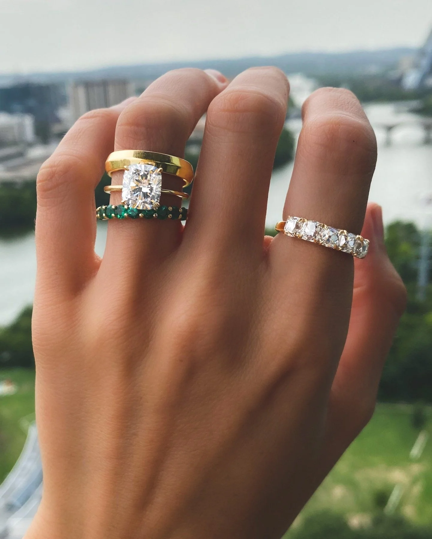 Shared Prong Wedding Band With Green Emeralds - Image 2
