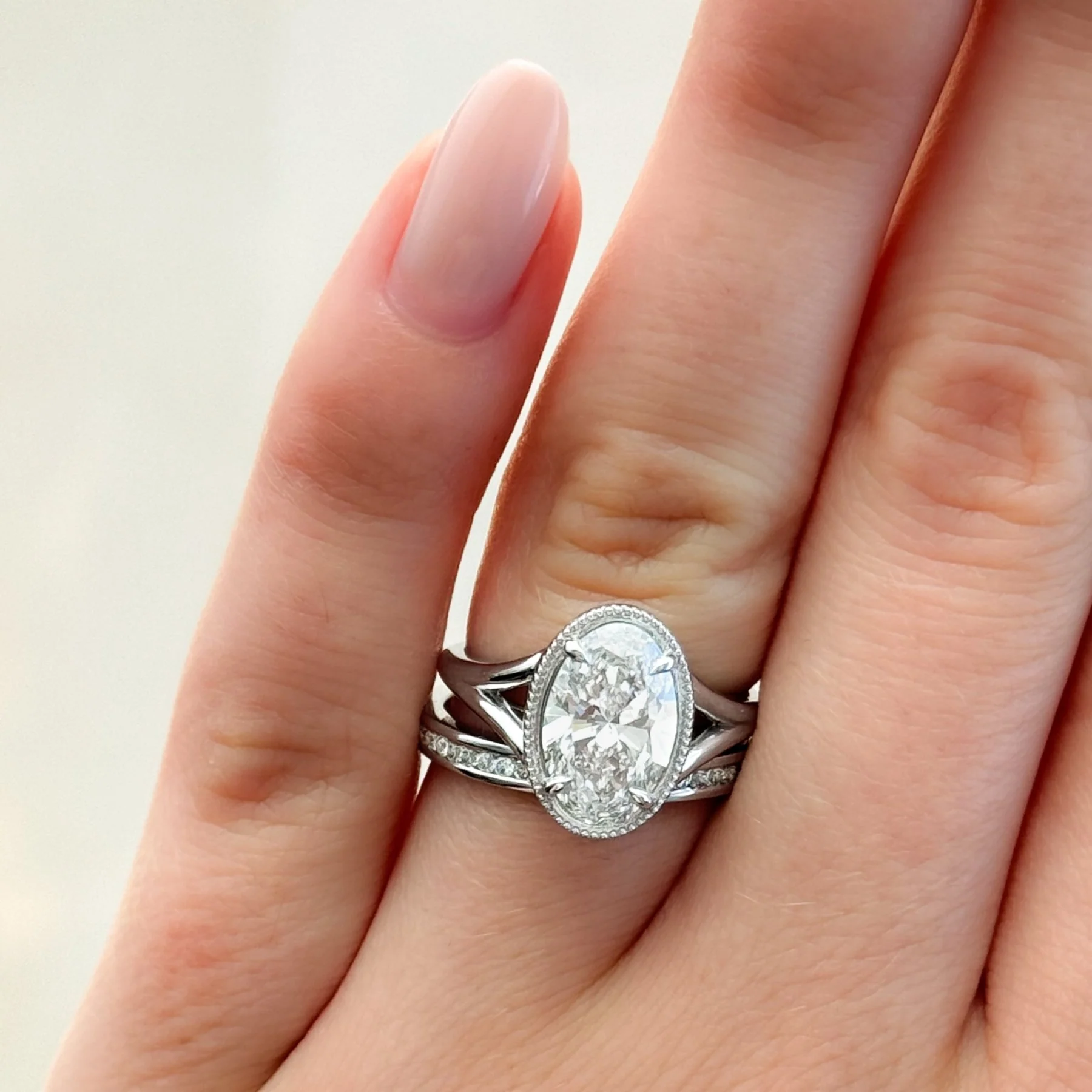 Split Shank Milgrain Bezel Engagement Ring with Oval Cut Diamond - Image 2