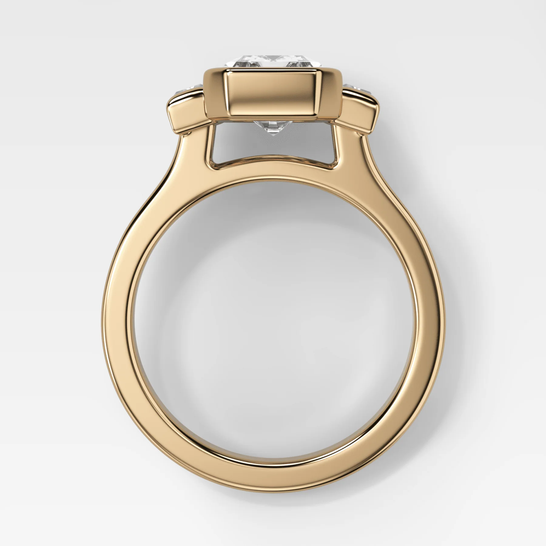 Three Stone Engagement Ring with Half Bezel Baguette Side Stones and Emerald Cut Diamond - Image 2