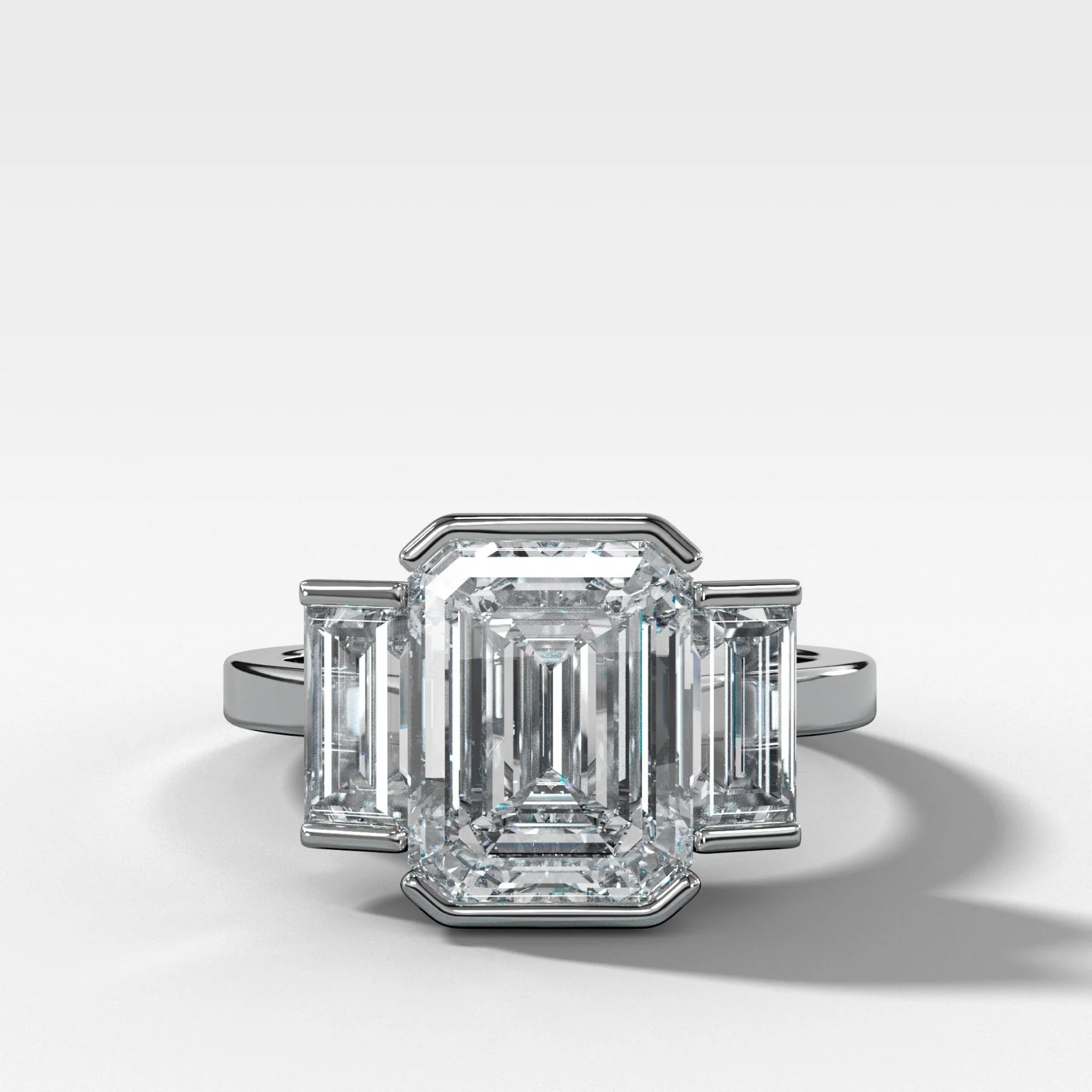 Three Stone Engagement Ring with Half Bezel Baguette Side Stones and Emerald Cut Diamond - Image 3