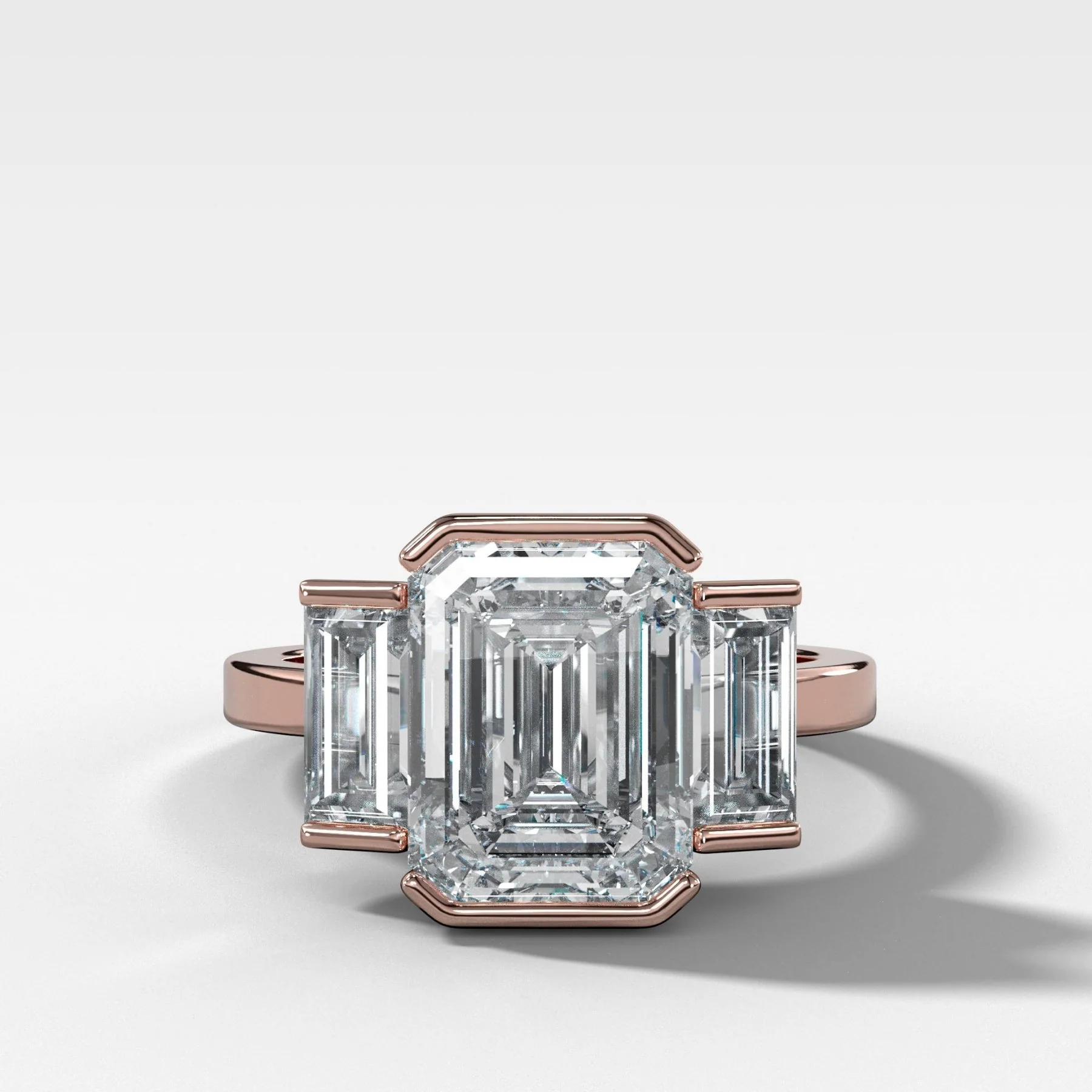Three Stone Engagement Ring with Half Bezel Baguette Side Stones and Emerald Cut Diamond - Image 4