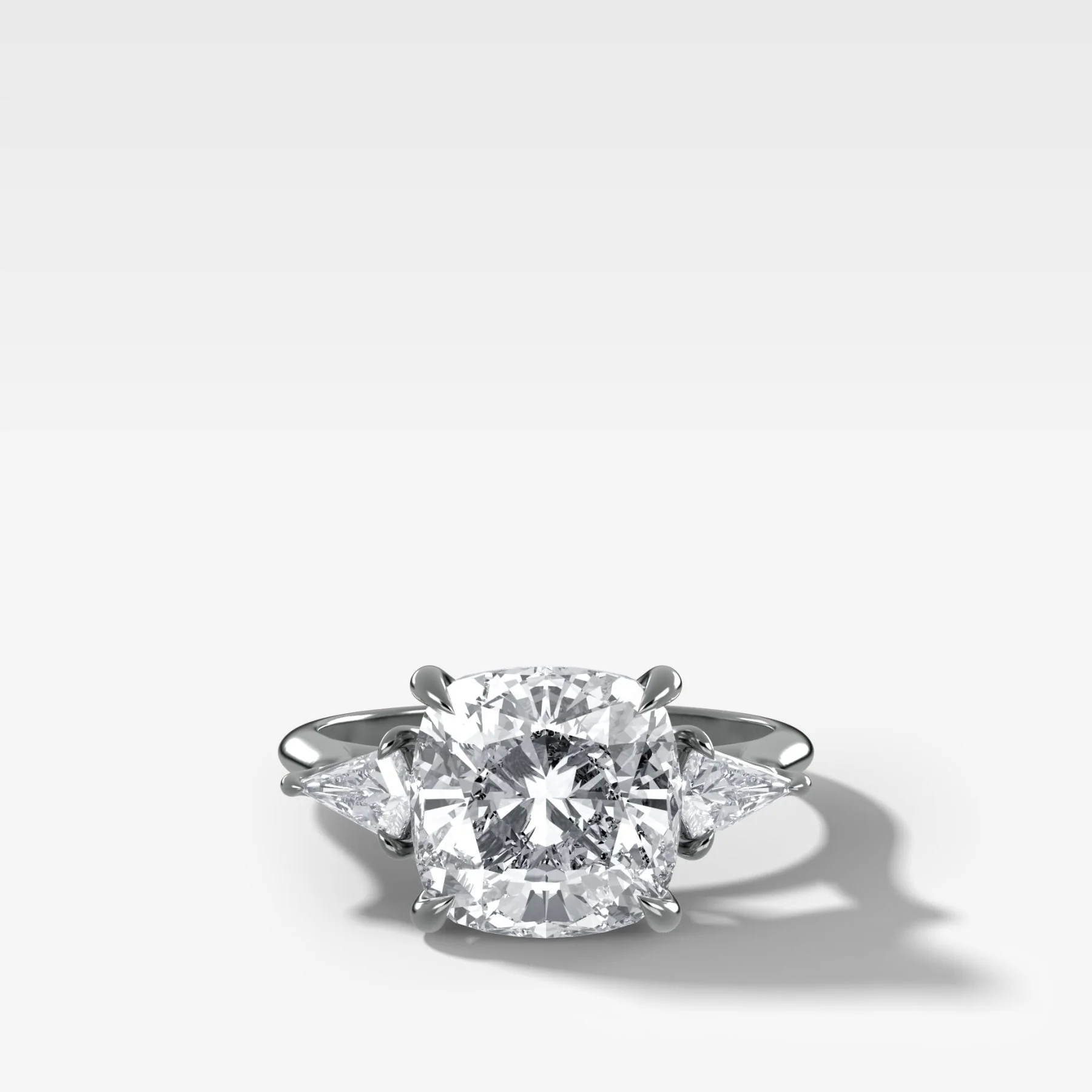 Three Stone Engagement Ring With Kite Side Stones and Cushion Cut Diamond - Image 3